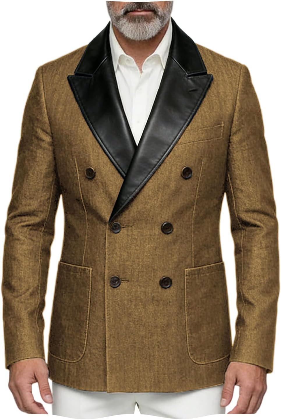 Men's Denim-Look Blazer Jacket PU Leather Peak Lapel Double Breasted Sport Coat