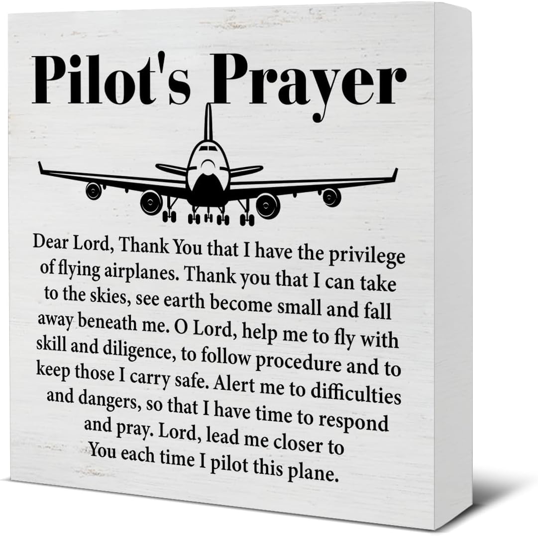 Flight Attendant Gift Aviation Gifts Desk Decor, Pilot Gifts for Men Birthday Graduation Christmas, Pilot’s Prayer Wood Sign Home Office Table Shelf Wall Desk Decoration 5×5 Inches