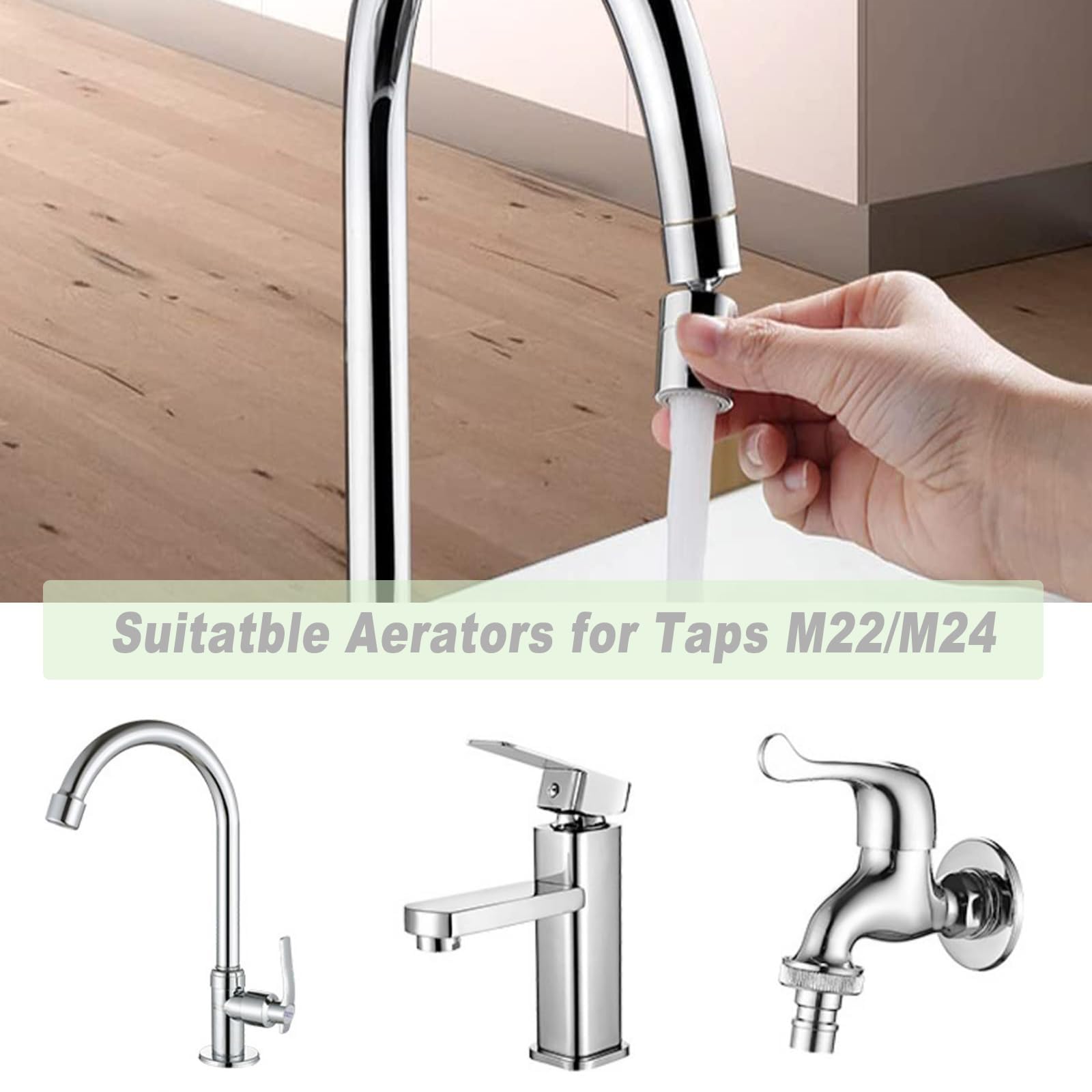 Cabezal Rociador Grifo Cocina,360° Giratorio Boquilla Extensión de Grifo 2 Modos con Aireador Antisalpicaduras Adaptador Universal para Fregadero y Lavabo Plateado