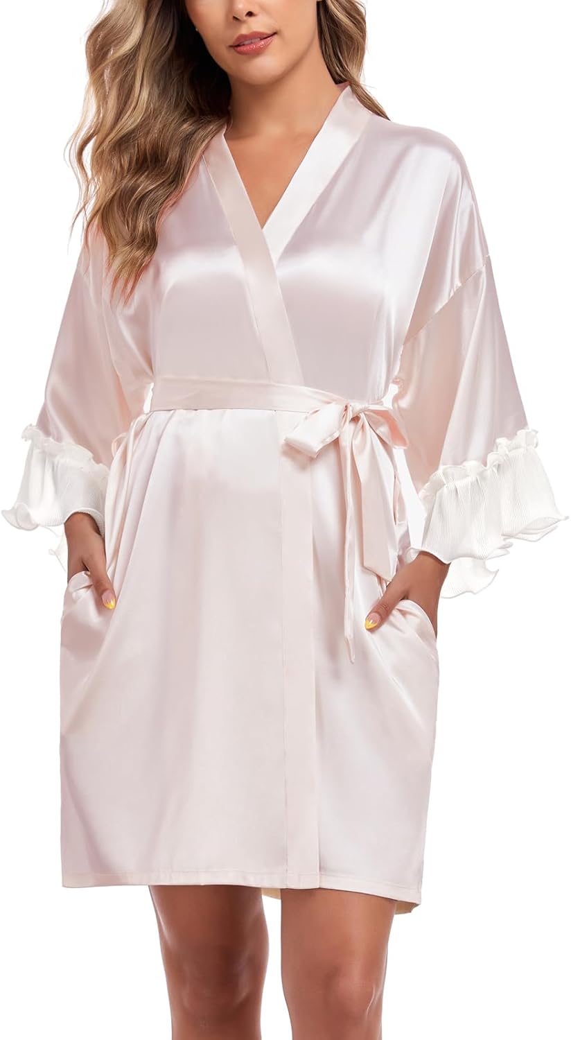 Women's Short Satin Robes Lightweight Kimono Bathrobe Ruffle Hem Bride Bridesmaids Wedding Party Sleepwear - Image 3