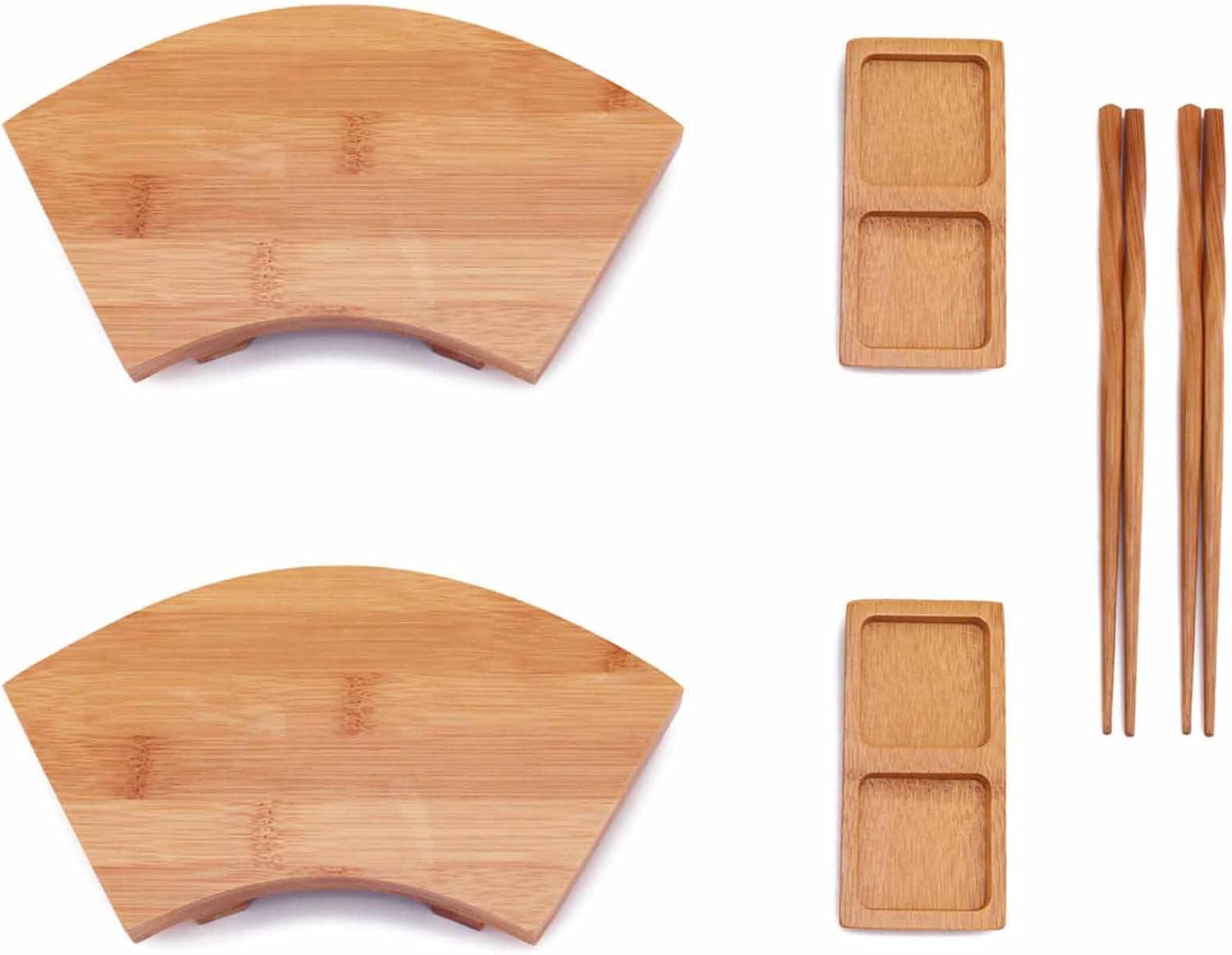 BambooMN Bamboo Sushi Plate/Tray, Chopsticks and Compartment Sauce Dish, 9" Fan - 4 Sets