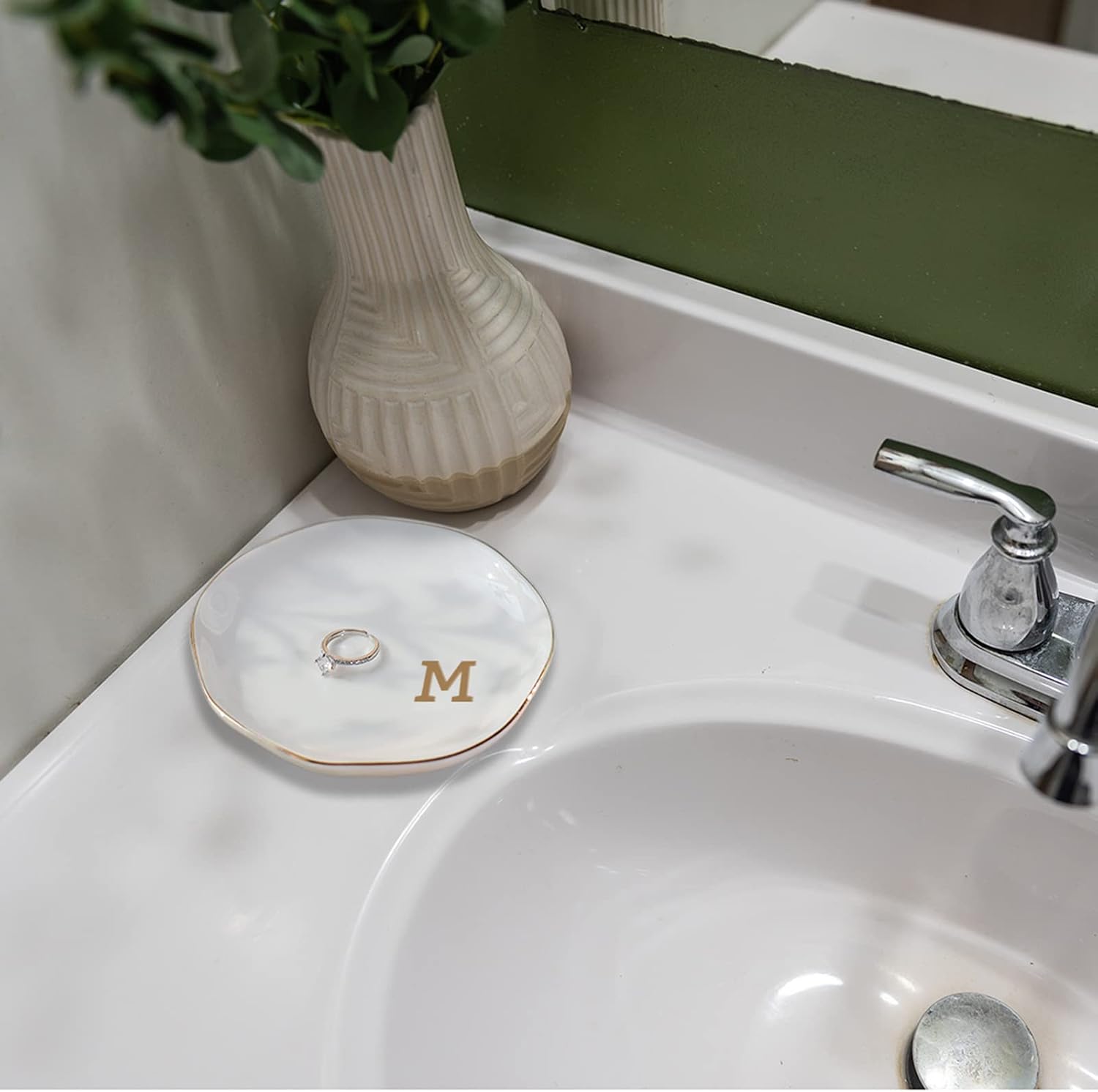 Initials Ring Dish Jewery Tray with personalized N-Monogrammed Gifts Wedding Engagement for Women Friends sister,Ceramic White image 5