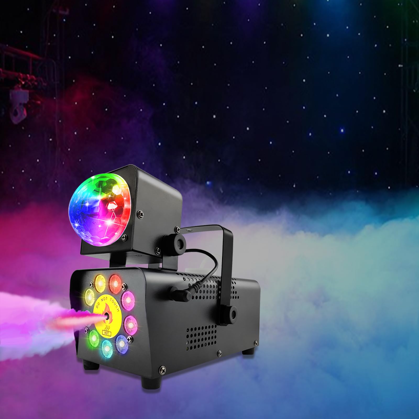 Máquina de humo con 12 colores de luz LED, luces de discoteca y 9 luces de 500 W, máquina de humo portátil para Halloween, con mando a distancia inalámbrico para fiestas y escenarios