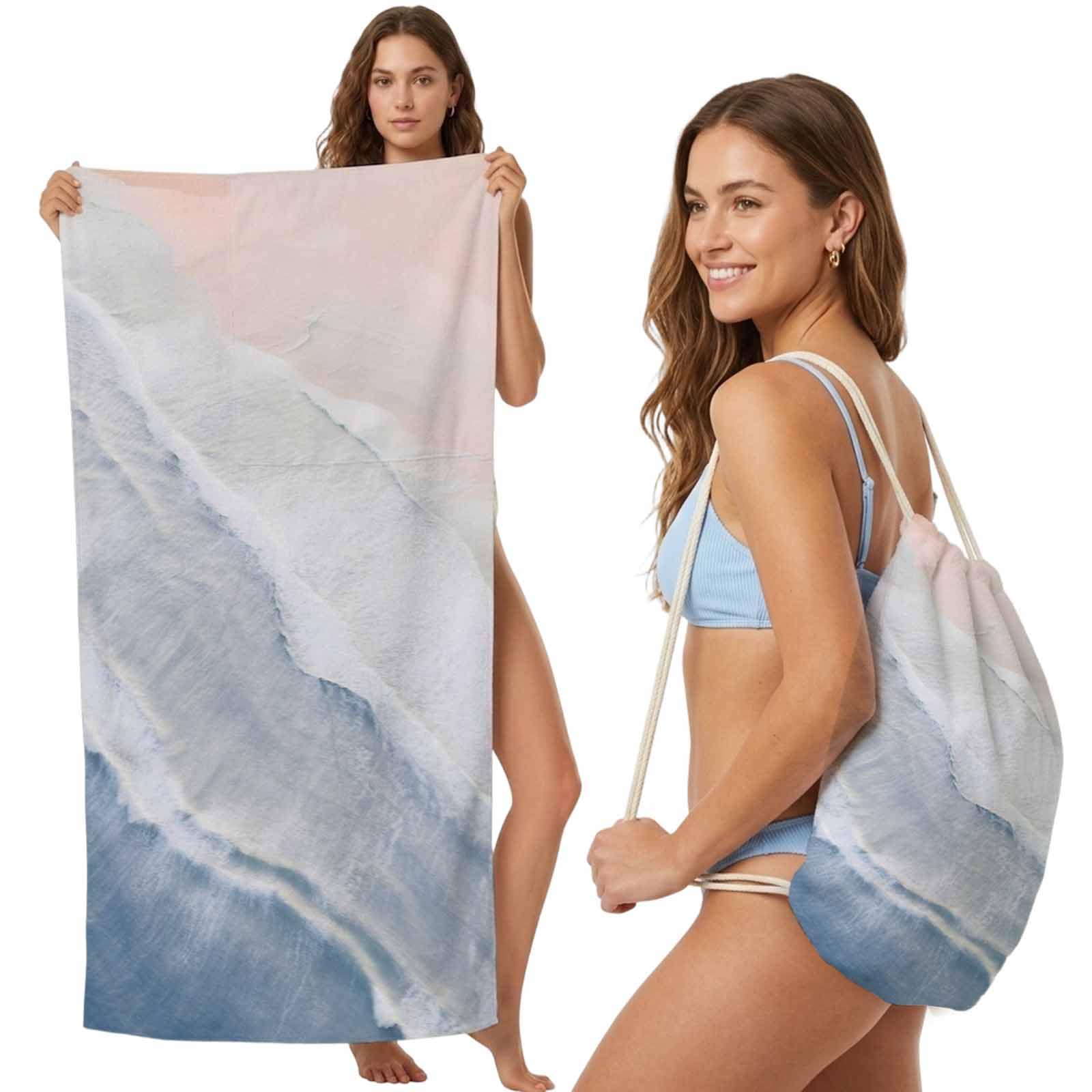 Beach Towel Bag 2 in 1 Blue Ocean Waves Bath Pool Towels Backpack Ombre Beach Spray Absorbent Beach Towel Soft Quick Dry Lightweight Packable Towels Drawstring Bag for Travel Camping Sports Picnic