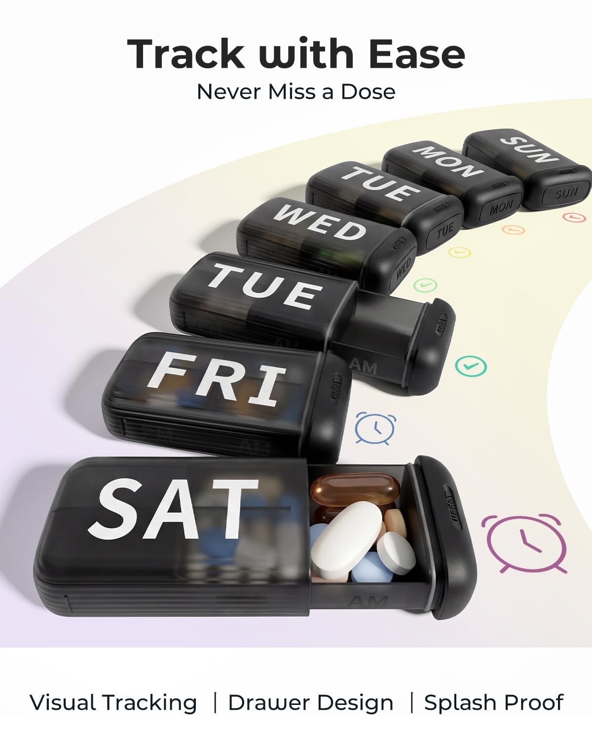 Betife Pilulier hebdomadaire 2 fois par jour, matin et soir, 7 jours, joli pilulier de voyage quotidien, jour et nuit pour médicaments, vitamines ou compléments (Blcak)