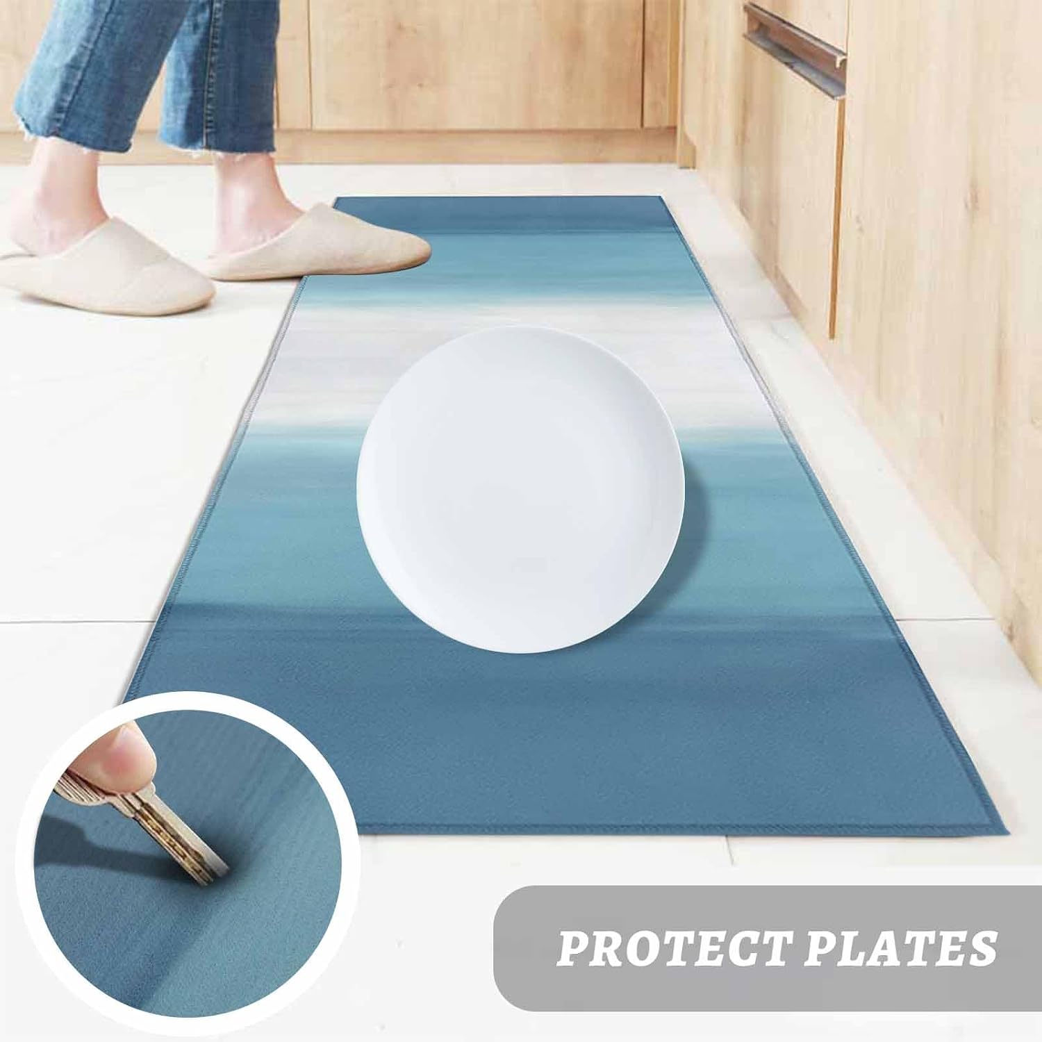 Teamery Kitchen Mats for Floor Gradient Blue Watercolor Washable Non Slip Kitchen Rugs 1PCS, Modern Minimalist Art Absorbent Standing Mats for Sink Bathroom Office Living Room 23.6x70.9in