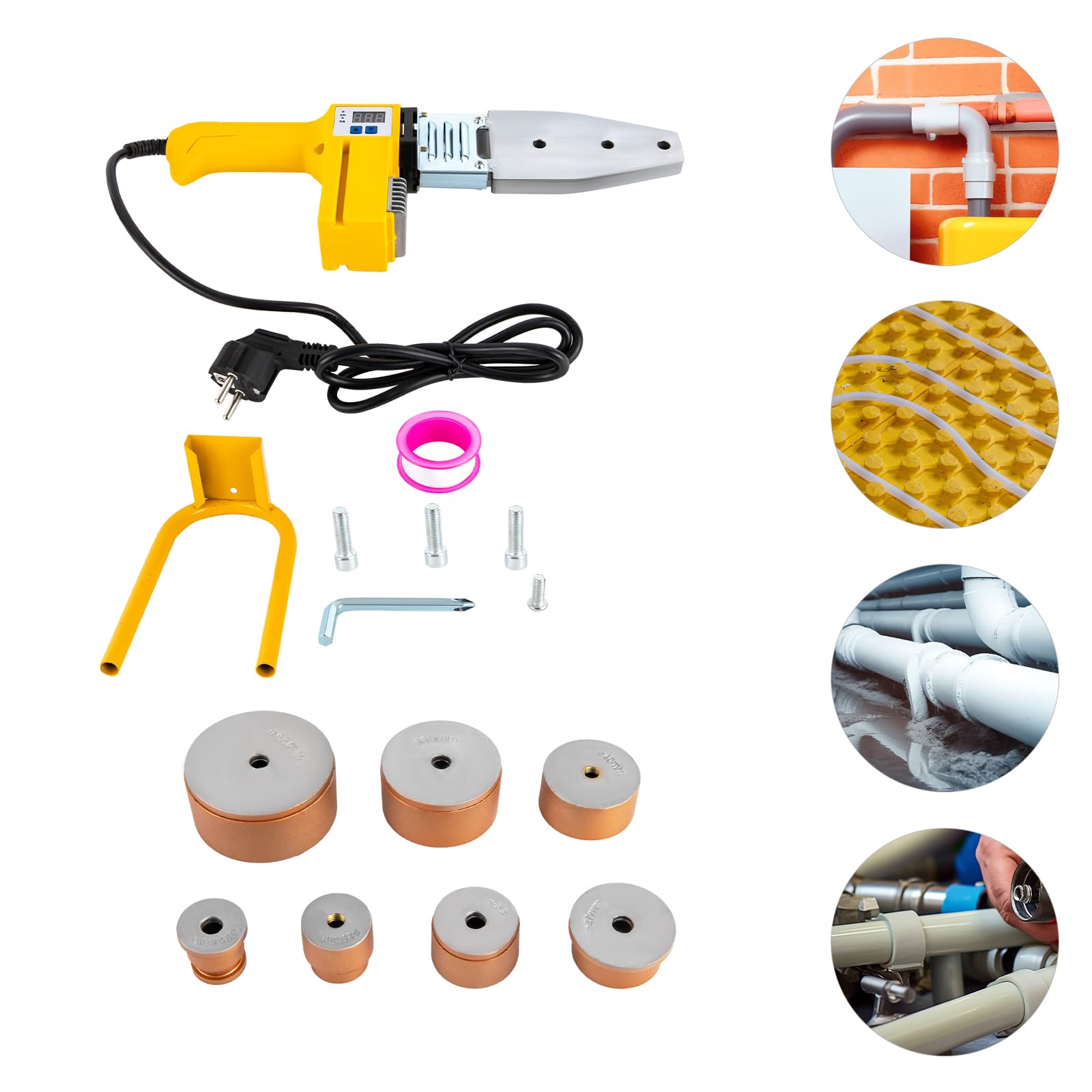 Saldatrice professionale per tubi 1000 W, saldatrice a manicotto per PPR/PE/PP/HDPE/PVC, saldatrice per tubi con 6 teste di saldatura da 20 – 63 mm e display digitale, ideale per casa e cantieri