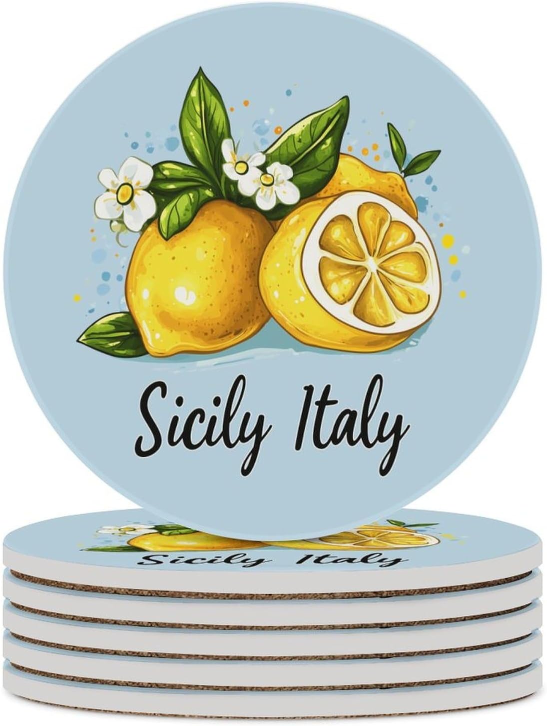 Sicilians Italy Italian Lemons Coasters for Drink Round Ceramic Coaster with Cork Base Home Decorative 6PCS