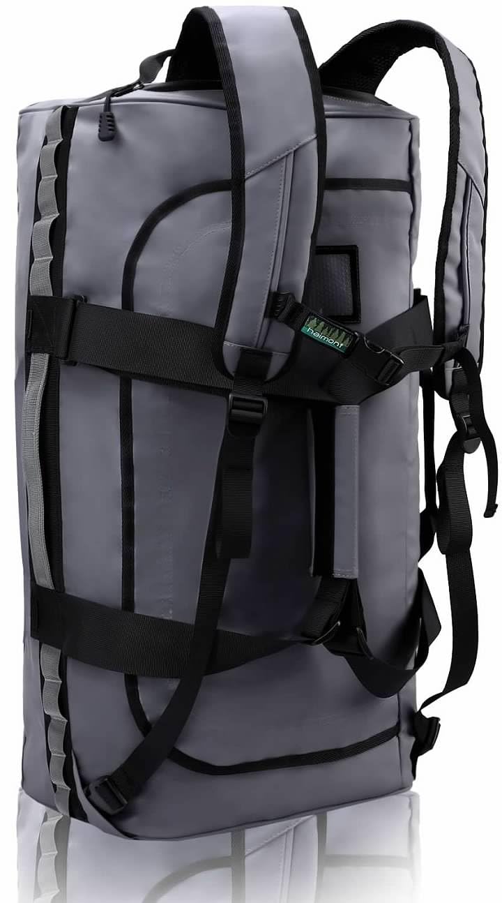 Haimont Heavy Duty Duffel Sports Bags Travelling 90 Litre for Man, Convertible Large Duffle Backpack Straps, Water Resistant, Weekender, Grey
