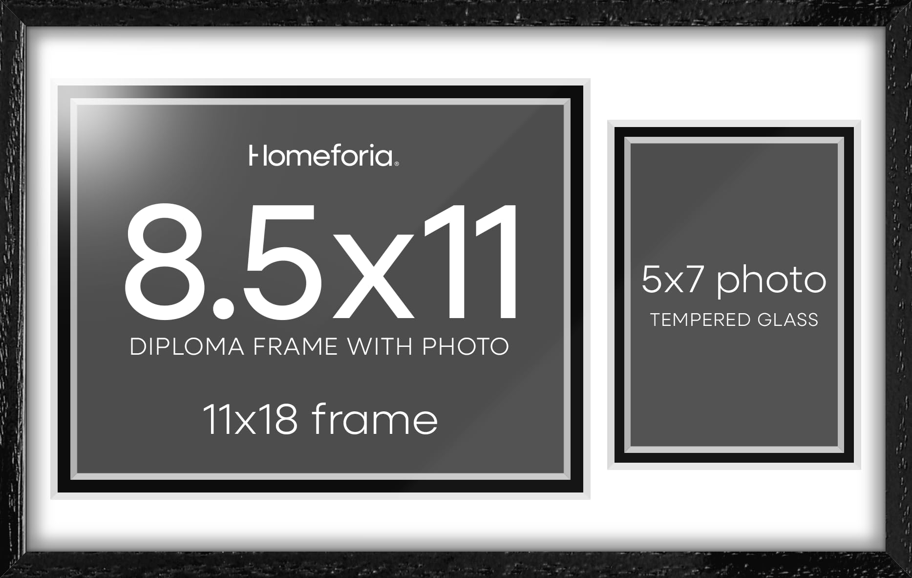 Homeforia 11x18 Black Diploma Frame with Photo, High End Oak 11 x 18 Certificate Wood Frame with Mat 8.5x11 Diploma and 5x7 Picture, 11 by 18 Wooden Document Frames, Tempered Glass, Wall Kit, Set of 2