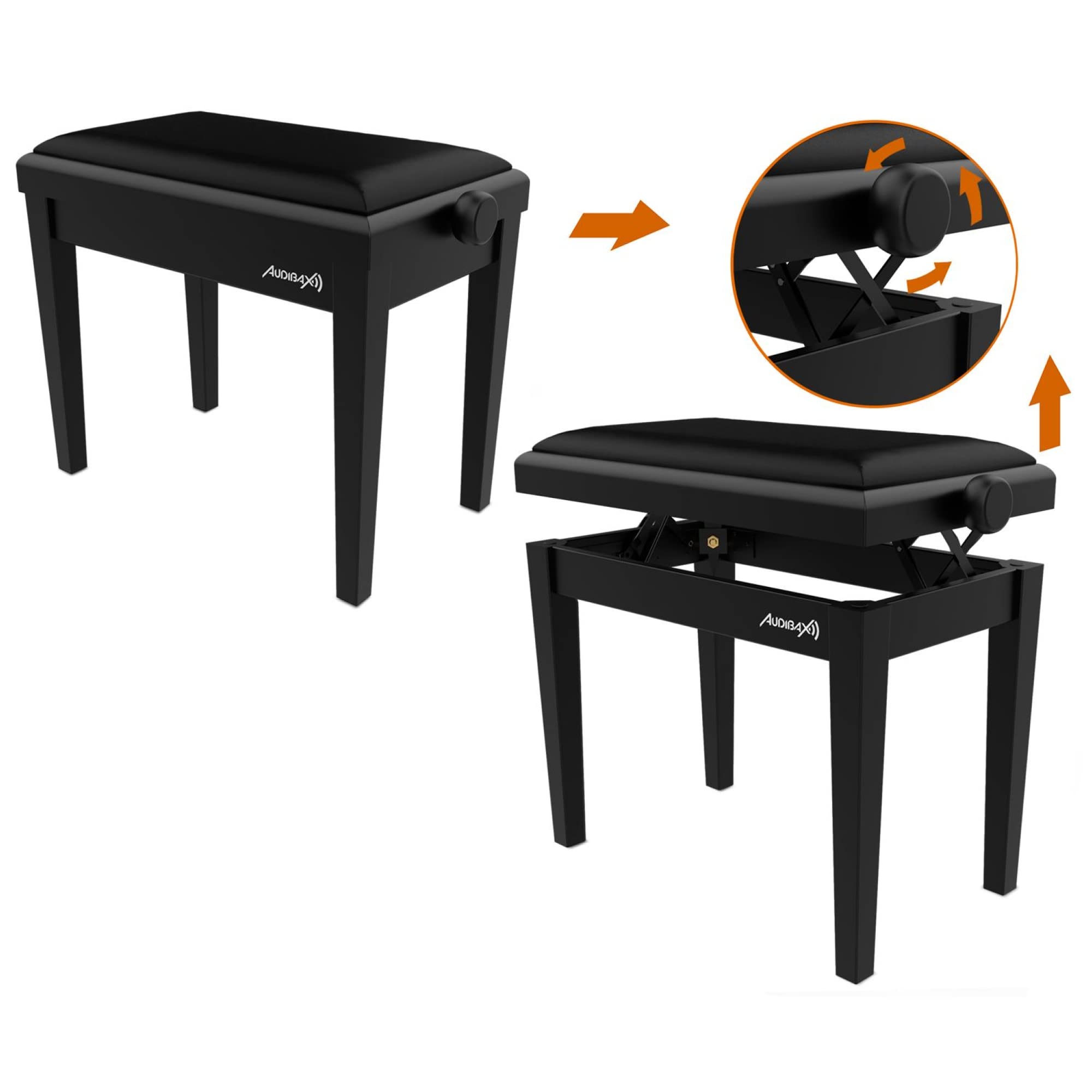Audibax KB600 Black - Sgabello per Pianoforte o Tastiera - Panca per Pianoforte Pieghevole per Impieghi Gravosi - Altezza Regolabile da 47,5 a 56,5 cm - Sgabello per Tastiera Imbottito - In Legno