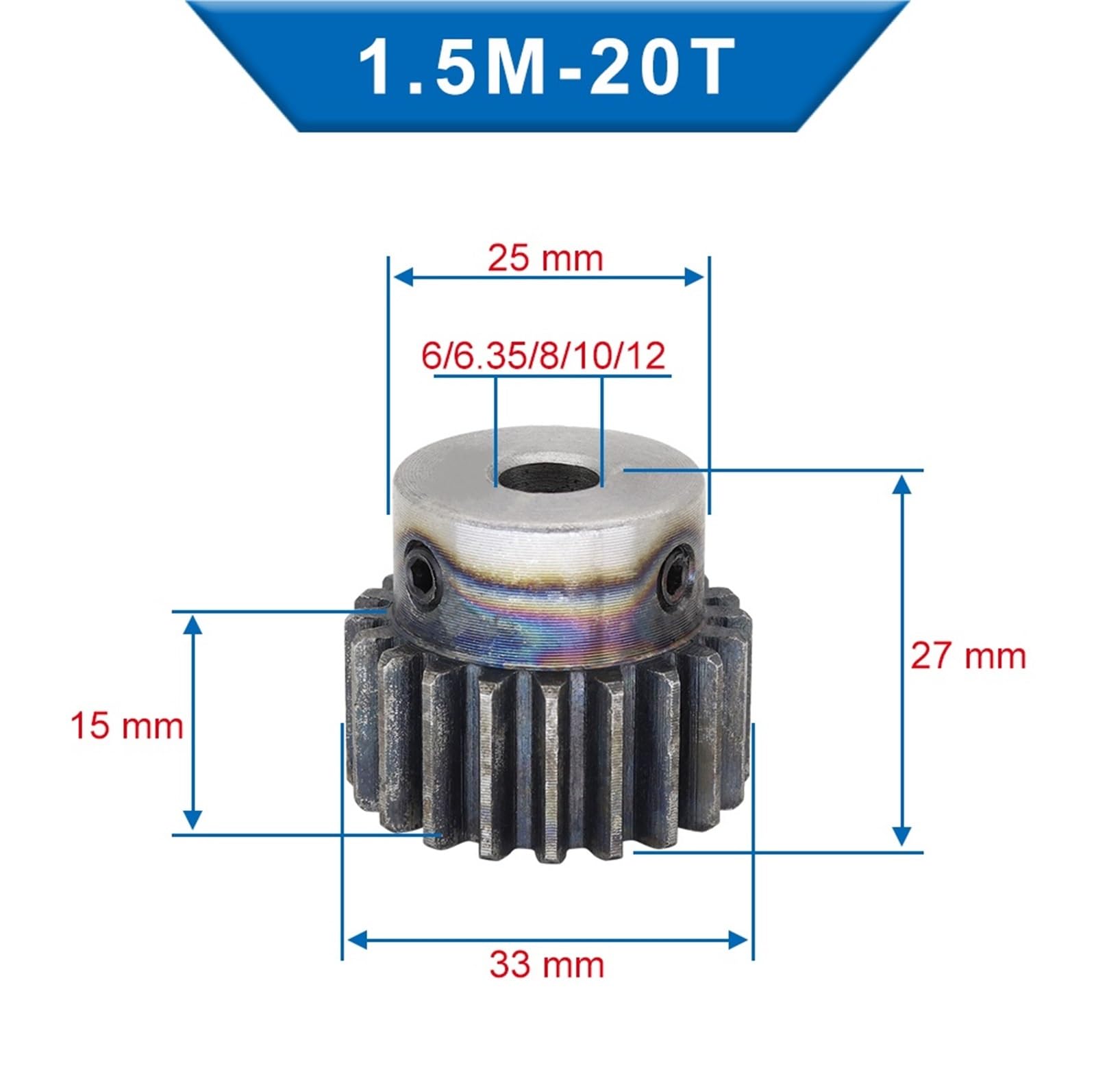 Bevel Gear Pinion Hardware Mechanical 1pcs 1.5M20T Spur Gear Bore 6/6.35/8/10/12mm Pinion Gear Low Carbon Steel Gear Wheel for Motor(6mm)