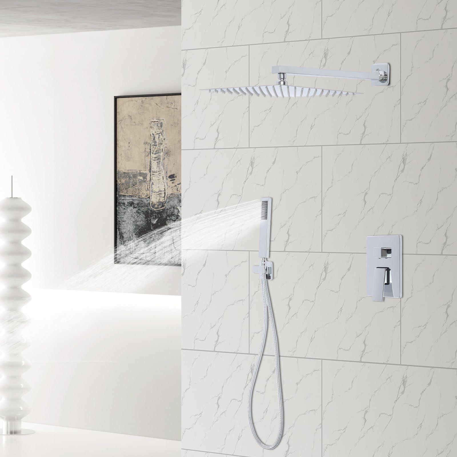 Nowoczesny system prysznicowy z deszczownicą i słuchawką prysznicową, 30 x 30 cm, głowica prysznicowa ze stali nierdzewnej, obracana o 360°, zawór ceramiczny, montowany na ścianie, w