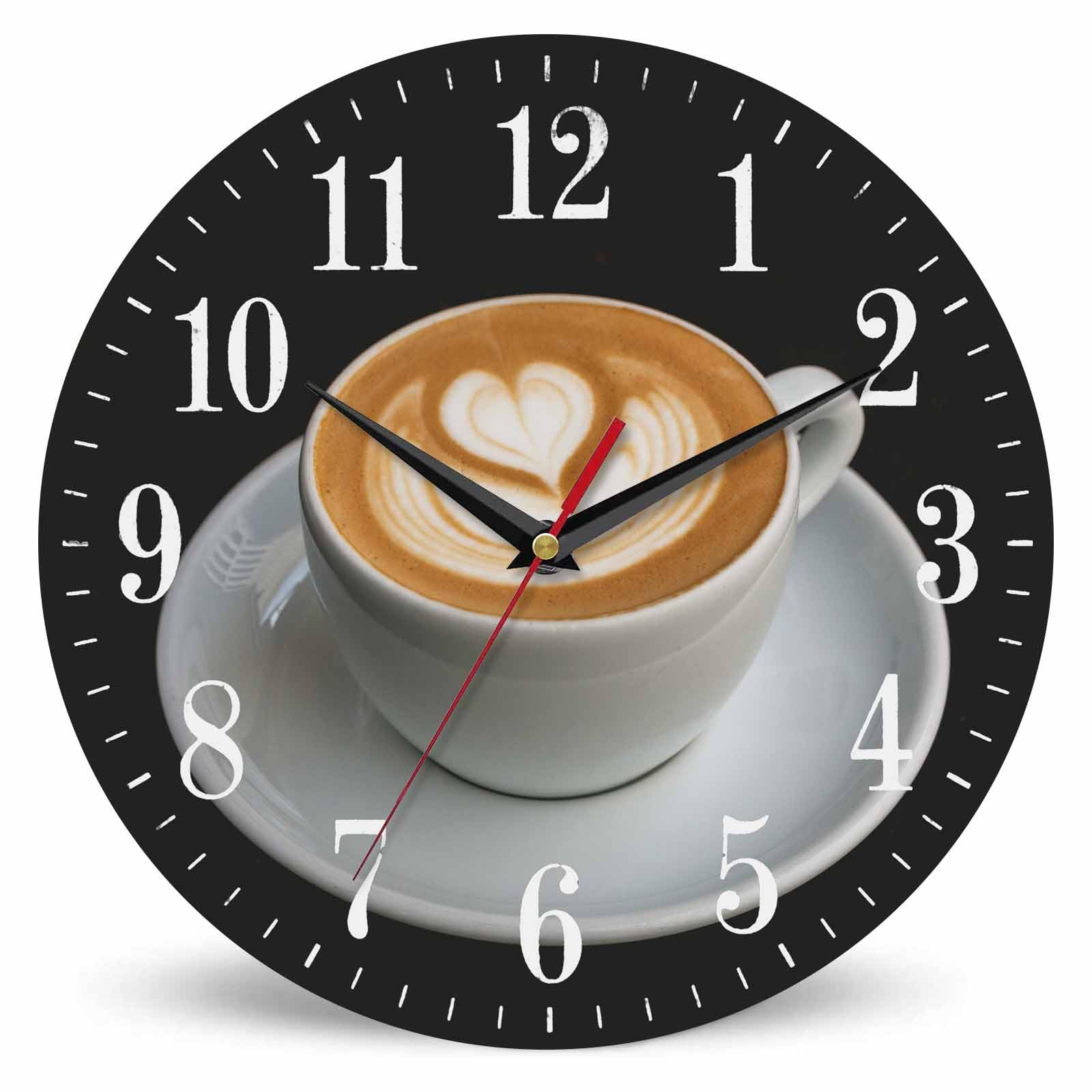 Mxocom Coffee Wall Clock Cappuccino Art Heart Pattern 10 Inch Silent Non Ticking Battery Operated Clock Vintage Round Clock for Living Room Bedroom