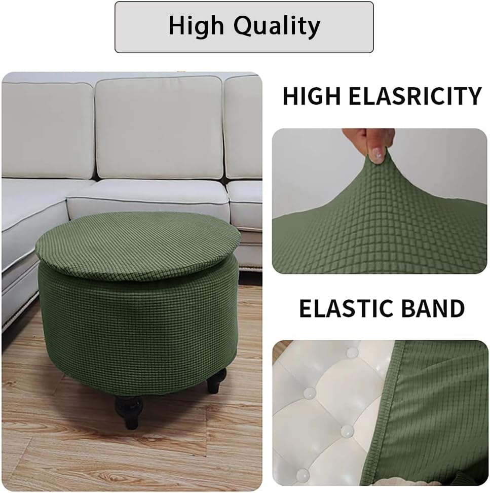 XMNTG Stretch Ottoman Slipcover Folding Storage Foot Stool Cover Soft Thick Jacquard Fabric Round Slipcover Removable Washable Furniture Protector with Elastic Bottom for Living Room (Army Green)