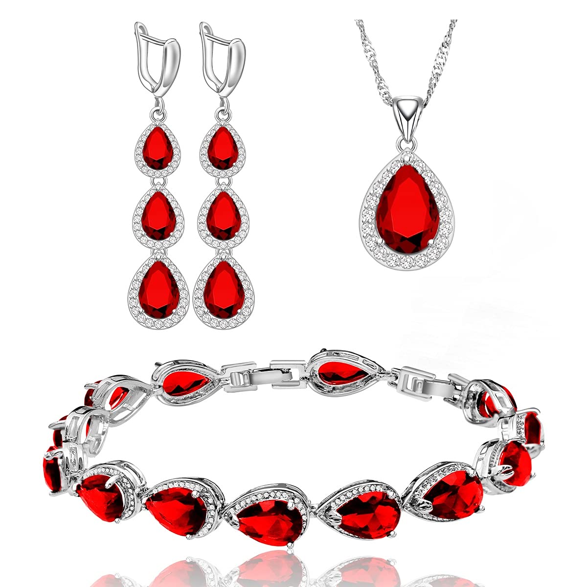 LMXXVJLMXXVJ Necklace Long Earrings Bracelet Set, White Gold Plated Created Blue Sapphire Jewelry Set Wedding Party Gift Jewelry for Women Bridal Bridesmaid