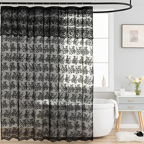 TUDECO Black Shower Curtain with Attach Valance Lace Dark Gothic Shower Curtain for Bathroom Vintage Floral Sheer Moody Bathroom Decor Victorian Cool Witchy Goth Decor 72 x 72 Inch