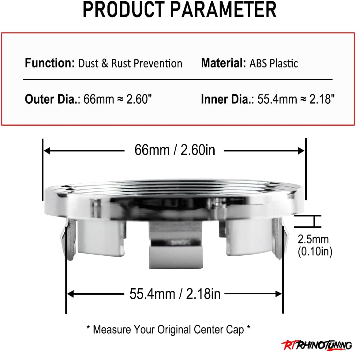 RTrhinoTuning for Tiguan e-Golf Wheel Center Hub Caps 3B7601171 4PCS 66mm(2.60in)/55.4mm(2.18in) Chrome Silver Car Hub Caps