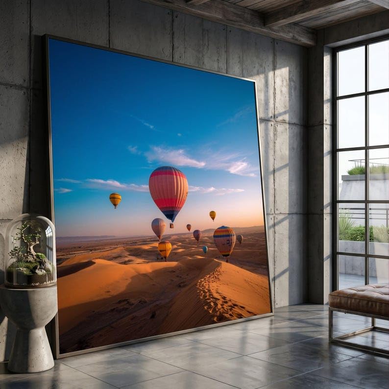 Pósters de globos aerostáticos para revivir la magia de un viaje al atardecer en el desierto