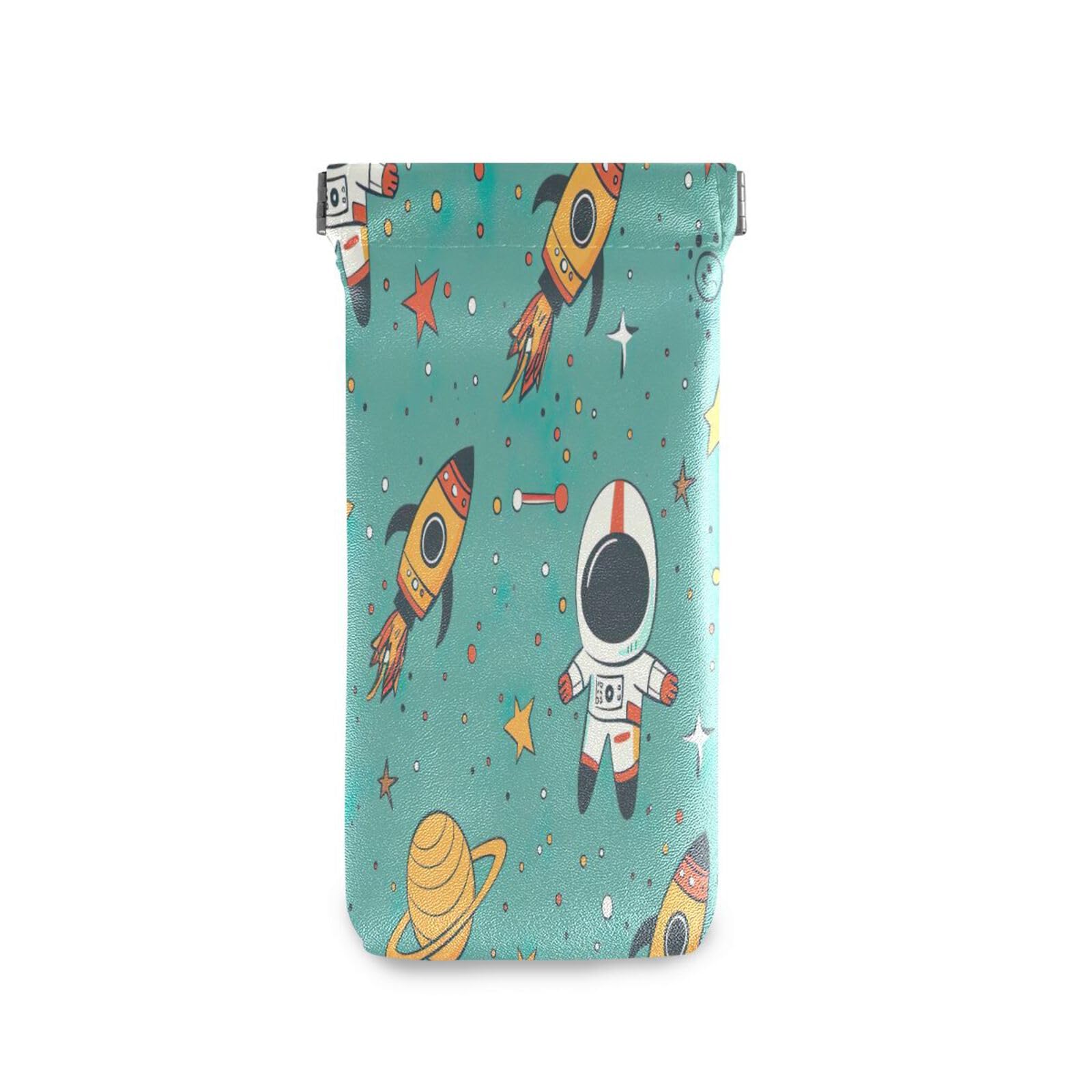 FLildon Cartoon Spaceman Rockets Eyeglasses Pouch Squeeze Top Sunglasses Case Soft PU Leather Eyeglass Bag for Men Women