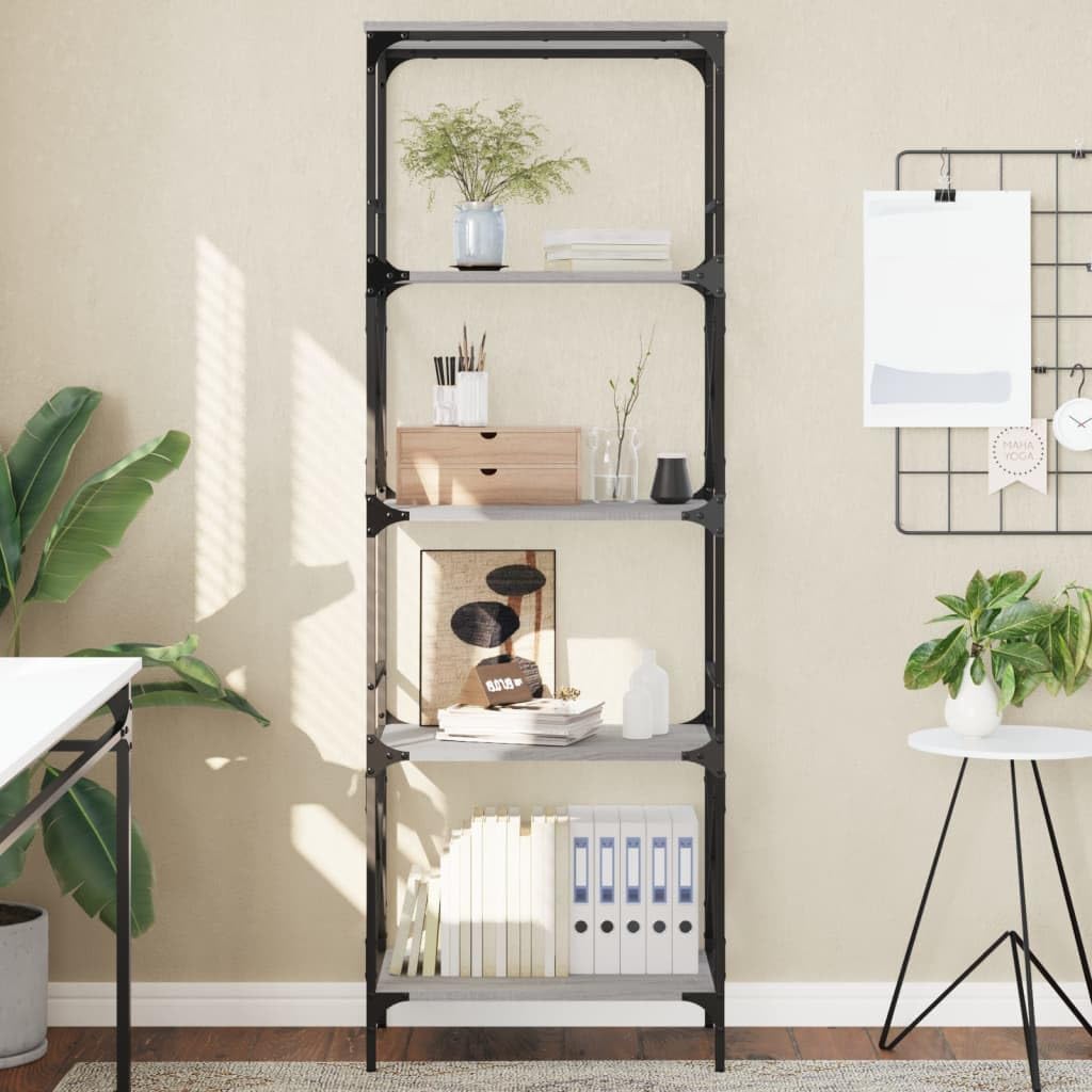 Libreria 5 Ripiani Salvaspazio Grigio Sonoma Legno Multistrato con Telaio Metallo 59x35x171 cm per Casa Ufficio Soggiorno – Stabile con Piedini Regolabili Design Industriale