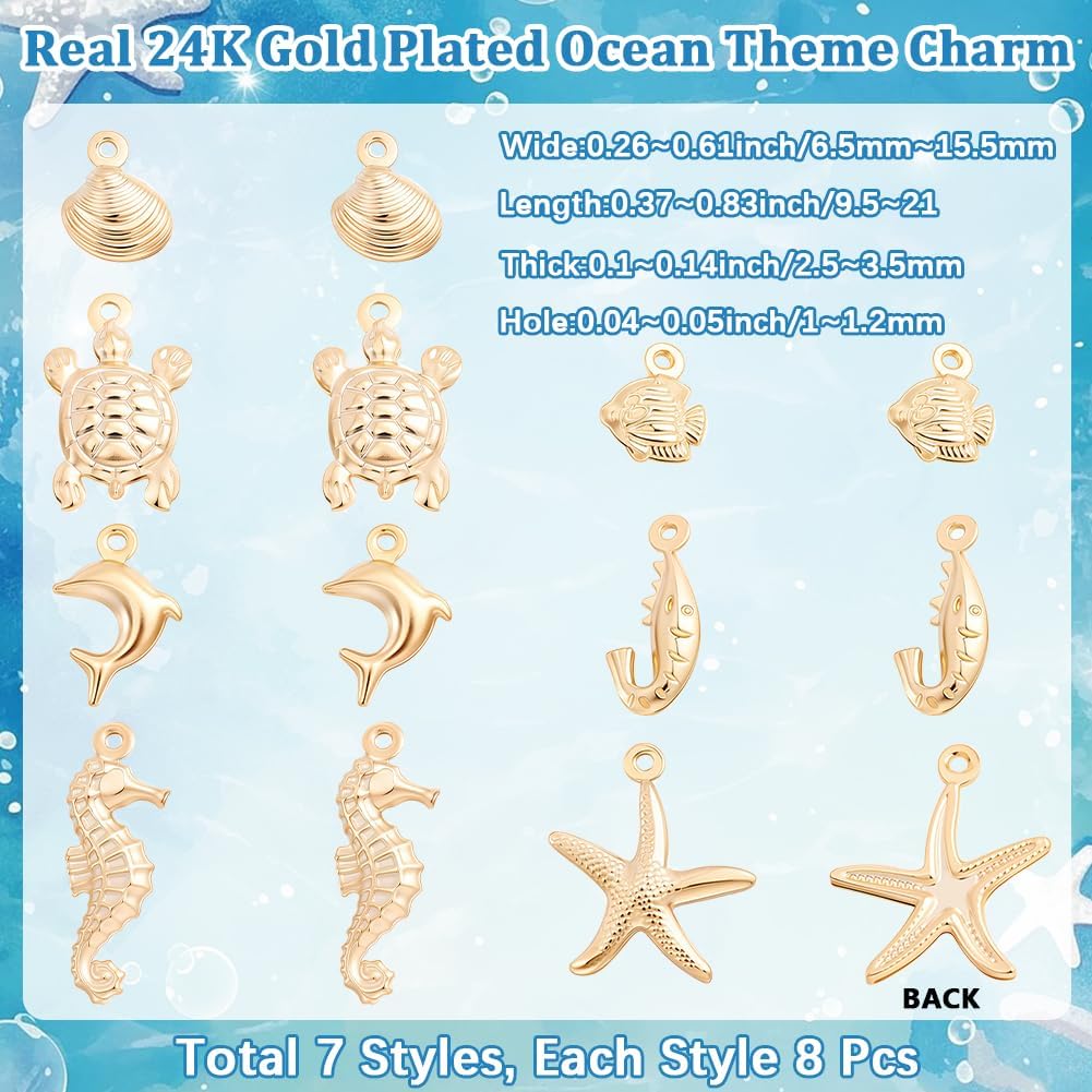 Beebeecraft 1 Box 56Pcs Real 24K Gold Plated Sea Animal Charms Summer Beach Marine Dolphin Seashell Starfish Sea Horse Turtle Ocean Charms for Jewelry Making Bracelet Necklace Earring Keychain Crafts