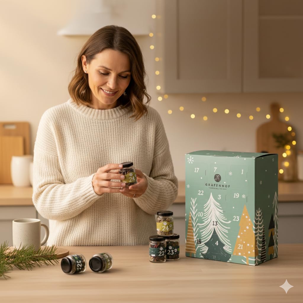 Bio Tee Adventskalender 2025 für 250 Tassen, Tee Kalender 2025 mit 24 Sorten Kräutertee & Früchtetee, Limitierter Adventskalender als Weihnachtskalender für Erwachsene von Gräfenhof