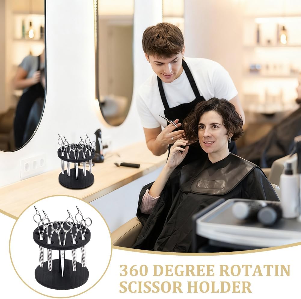 AHANDMAKER 12 Holes Rotating Scissor Holder 360° Wooden Barber Tool Organizer with 0.7in Diameter Hole Tool Storage for Salon Station Art Studio Decoration, Black image 5