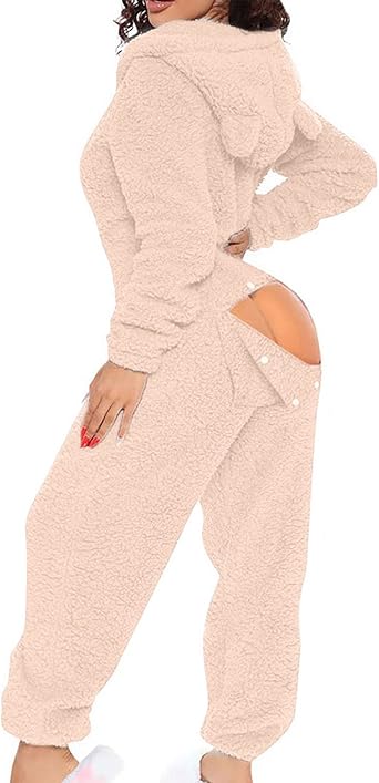 Women One Piece Fuzzy Warm Sherpa Hooded Pajamas Jumpsuit Onesie Butt Flap Women Adult Sleepwear