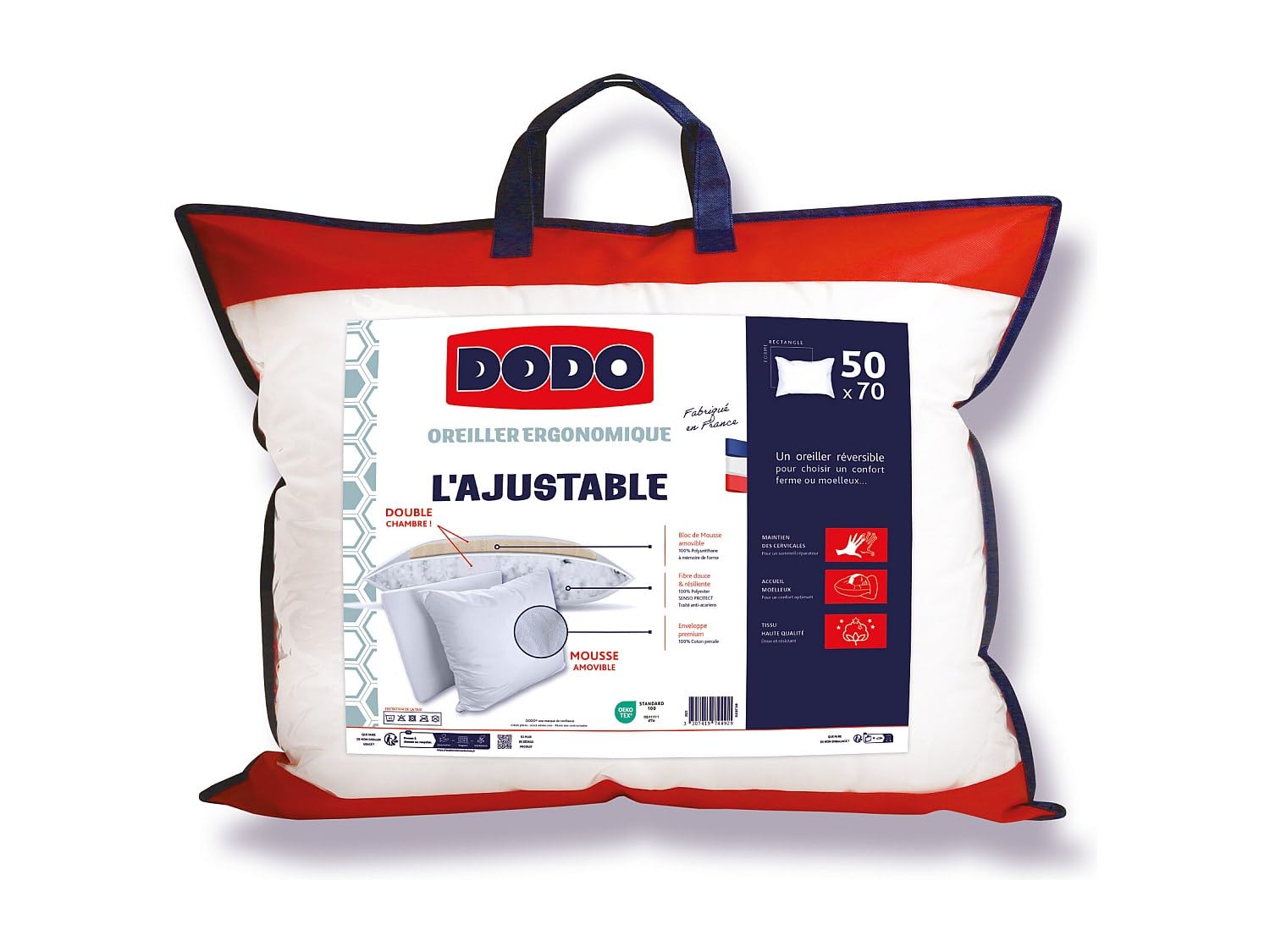 DODO - Oreiller Ergonomique Anti-acariens à mémoire de Forme - 50x70cm - CŒUR Adapt