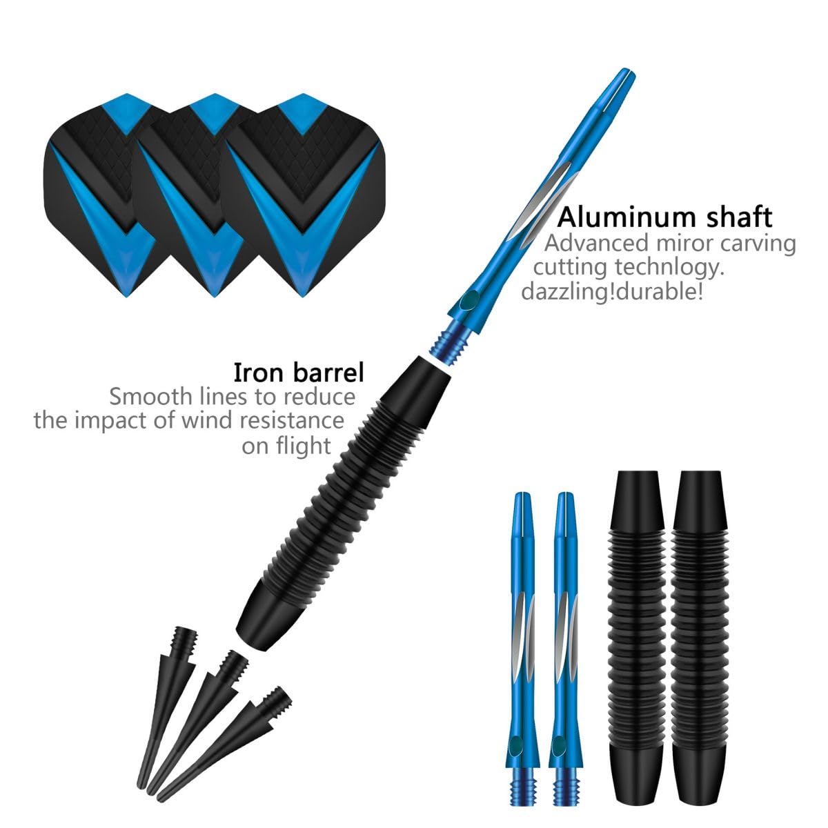 HRLORK 3 Packs Darts Set Professional Darts Set Plastic Soft Tip Darts Aluminum Shafts Darts Stems and Flights with 3 White Spare Shafts and Darts Case- Blue - Image 3