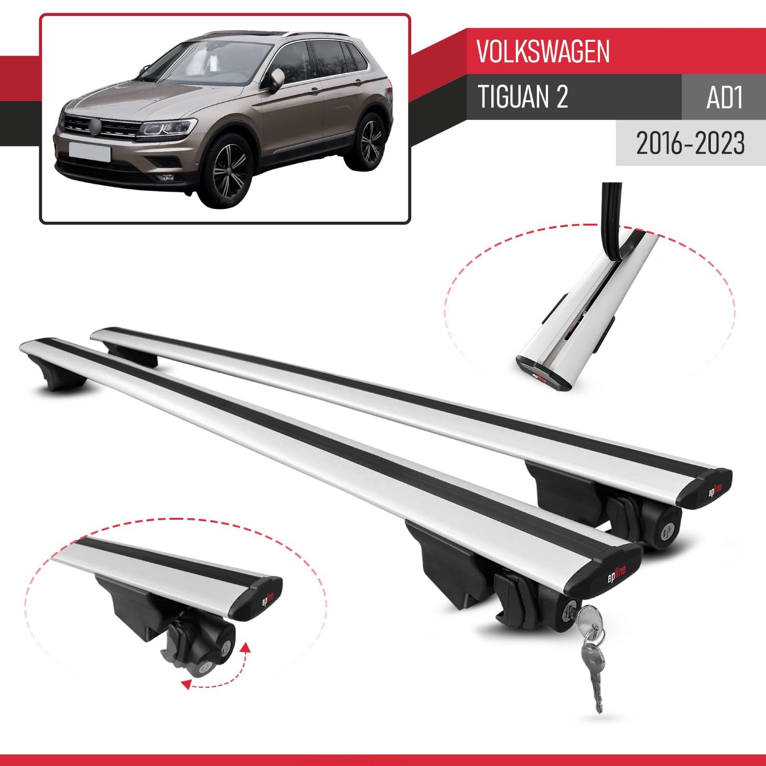Compatible con Volkswagen Tiguan 2 (AD1) 2016-2023 Modelo Hook Barra de Techo Auto Portaequipajes Barras Transversales Gris Aluminio 2 Barras