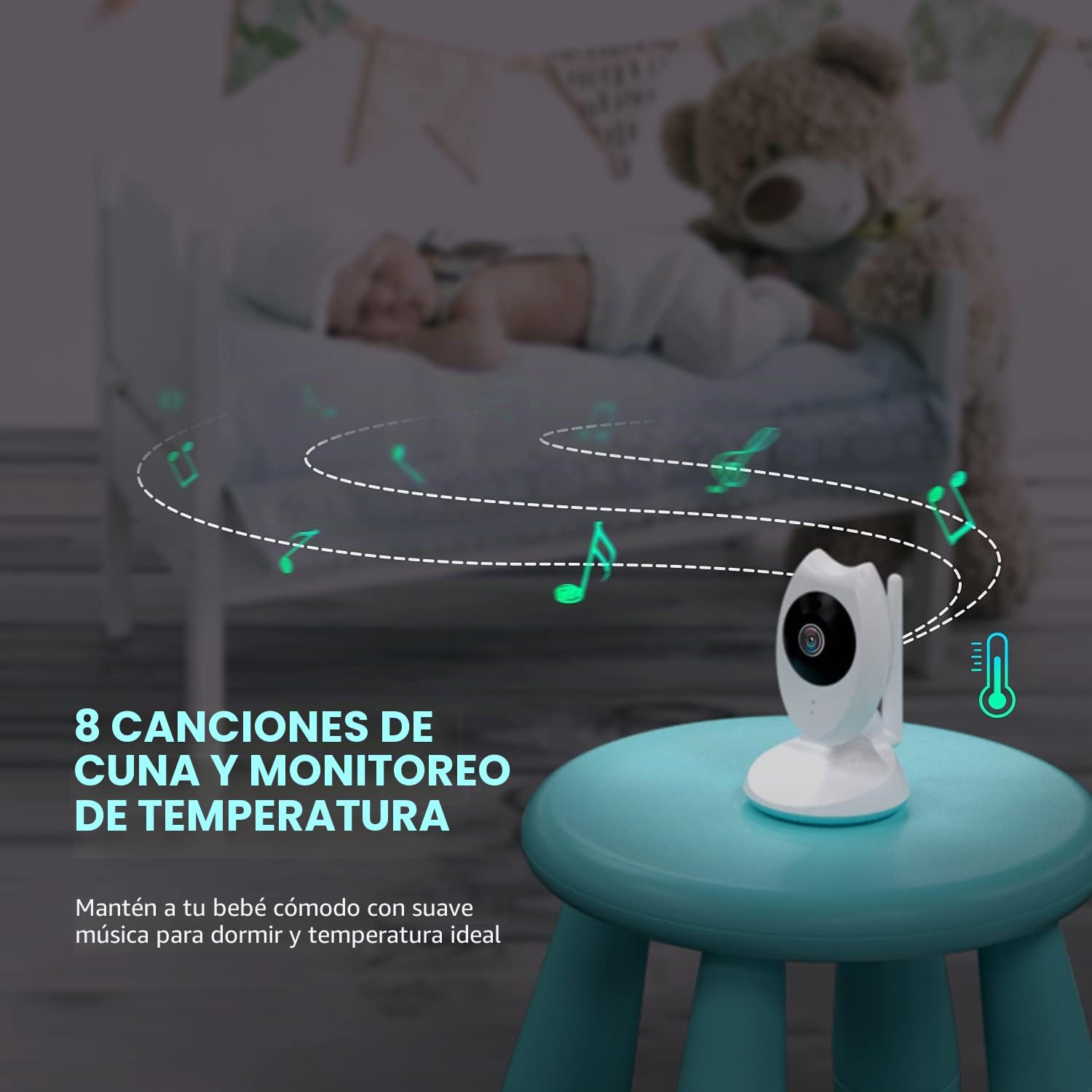 Vigilabebés con Pantalla LCD de 4,3", visión Nocturna, conversación bidireccional, Sensor de Temperatura, recordatorio de energía, 8 Canciones de Cuna, batería de Alta Capacidad - Blanco