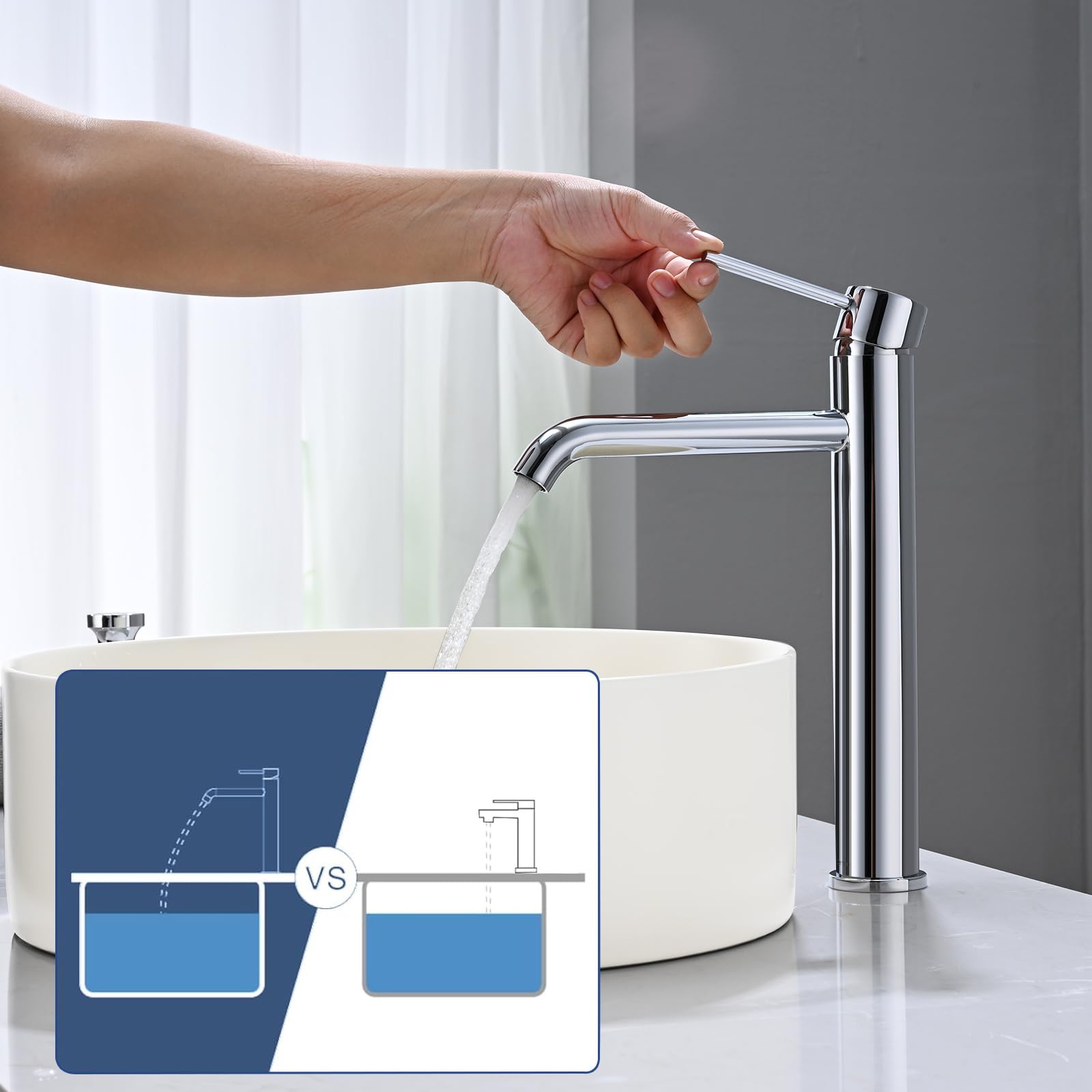 Grifo Lavabo Alto, BuntHaus Grifo Monomando Lavabo Agua Fría y Caliente, Grifos para Lavabo de Encimera, Grifos Mezclador de Baño de Acero Inoxidable 304, Aireador Extraíble, Sin Plomo, Cromado