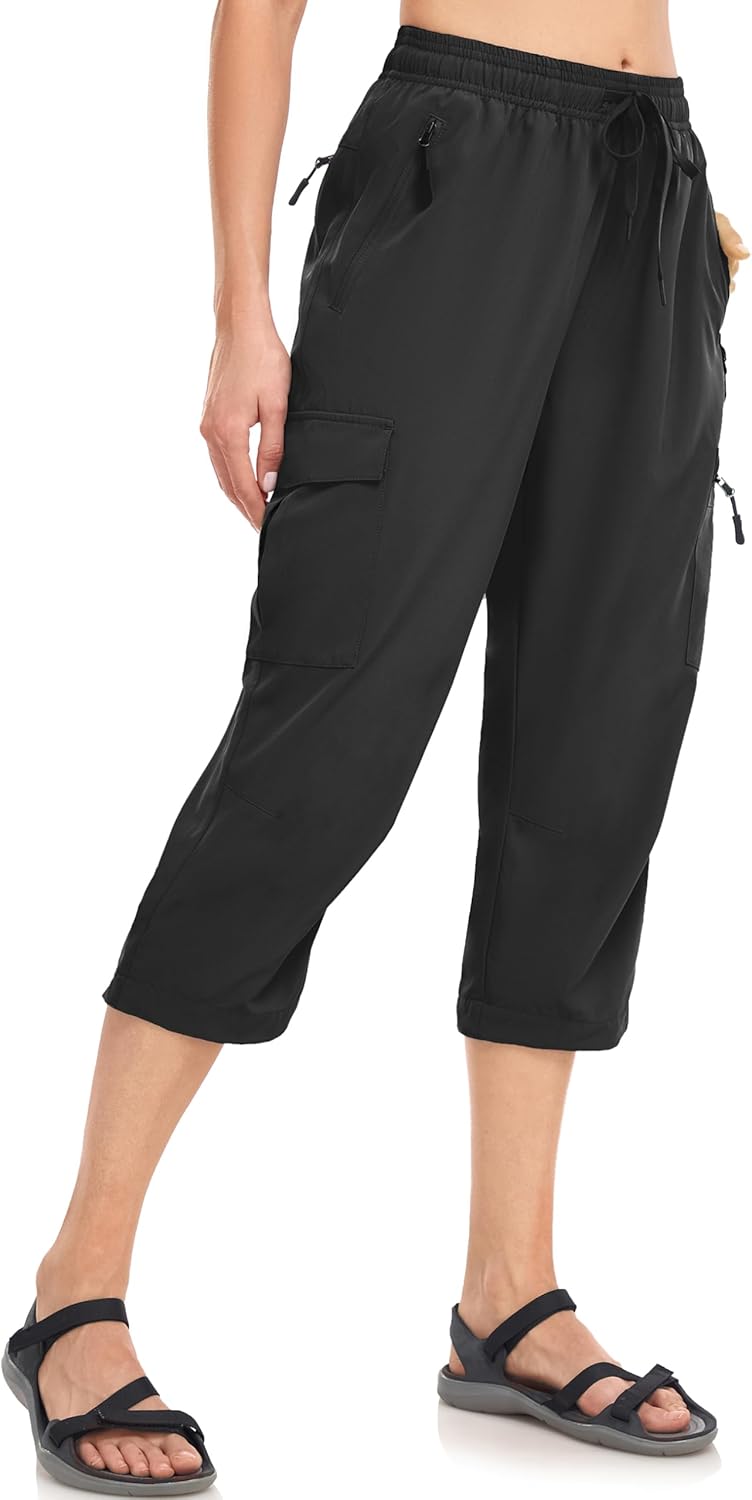 Women's Hiking Capris Pants Dri Fit UPF50+ Outdoor Camping Travel Capri Elastic Waist Drawcord Active Joggers Capris