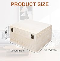 Vista 2 de Caja de madera sin terminar, cajas de madera natural de 12 x 9 x 5 pulgadas, caja grande de madera con tapa con bisagras y cierre frontal, cajas