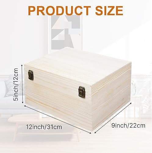 Miniatura 2 de Caja de madera sin terminar, cajas de madera natural de 12 x 9 x 5 pulgadas, caja grande de madera con tapa con bisagras y cierre frontal, cajas de