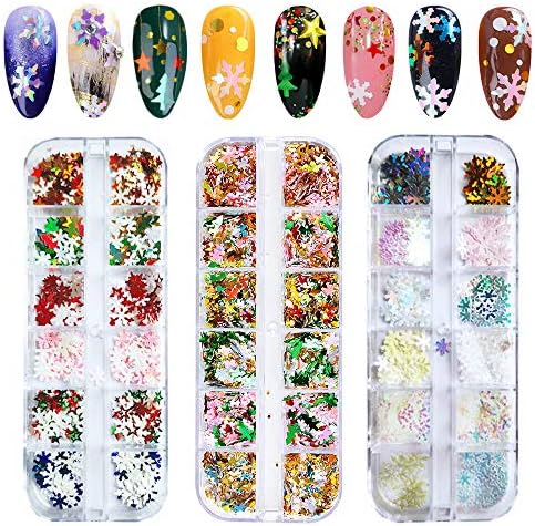 Christmas Nail Art Sequins, EBANKU 3 Boxes Holographic Laser Snowflake Star Nail Glitter Sequins for Acrylic Nails Mixed Shape Xmas Nail Glitter Flakes Decoration