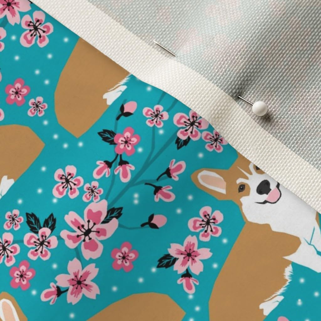 Spoonflower Fabric - Corgi Spring Florals Cherry Blossom Japan Corgis Printed on Upholstery Velvet Fabric Fat Quarter - Upholstery Home Decor Bottomweight Apparel