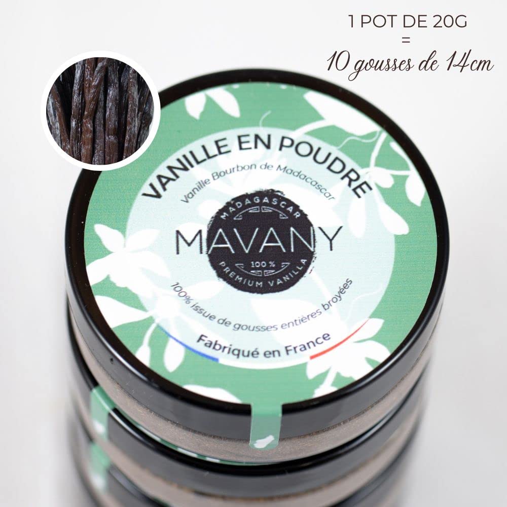 Vaniglia in polvere naturale al 100% da baccelli di vaniglia interi freschi schiacciati, vaniglia borbone del Madagascar, confezionato in un barattolo da 20 g