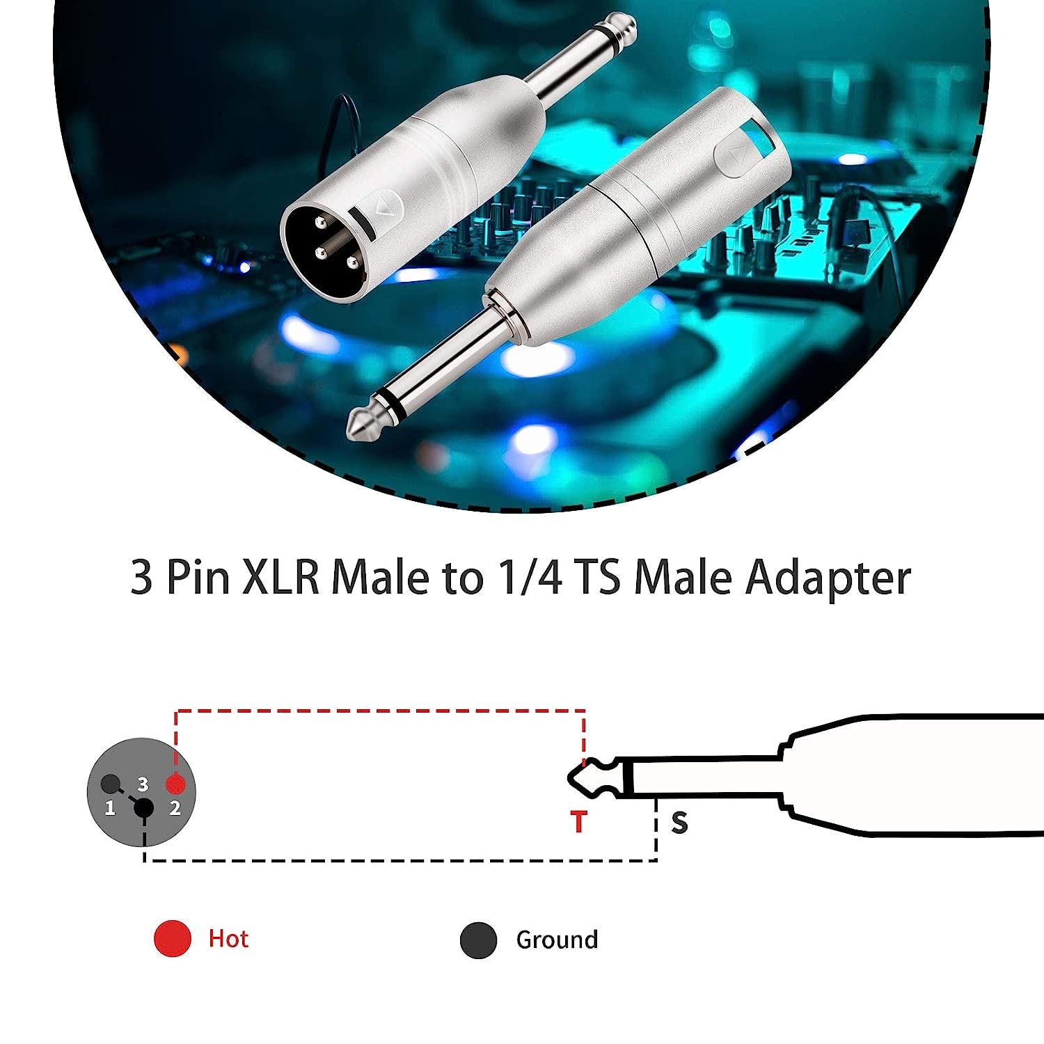 1/4 inch TS Mono to XLR Male Adapter, Unbalanced Quarter Inch TS Mono to XLR Male Converter Audio Connector - 2 Pack