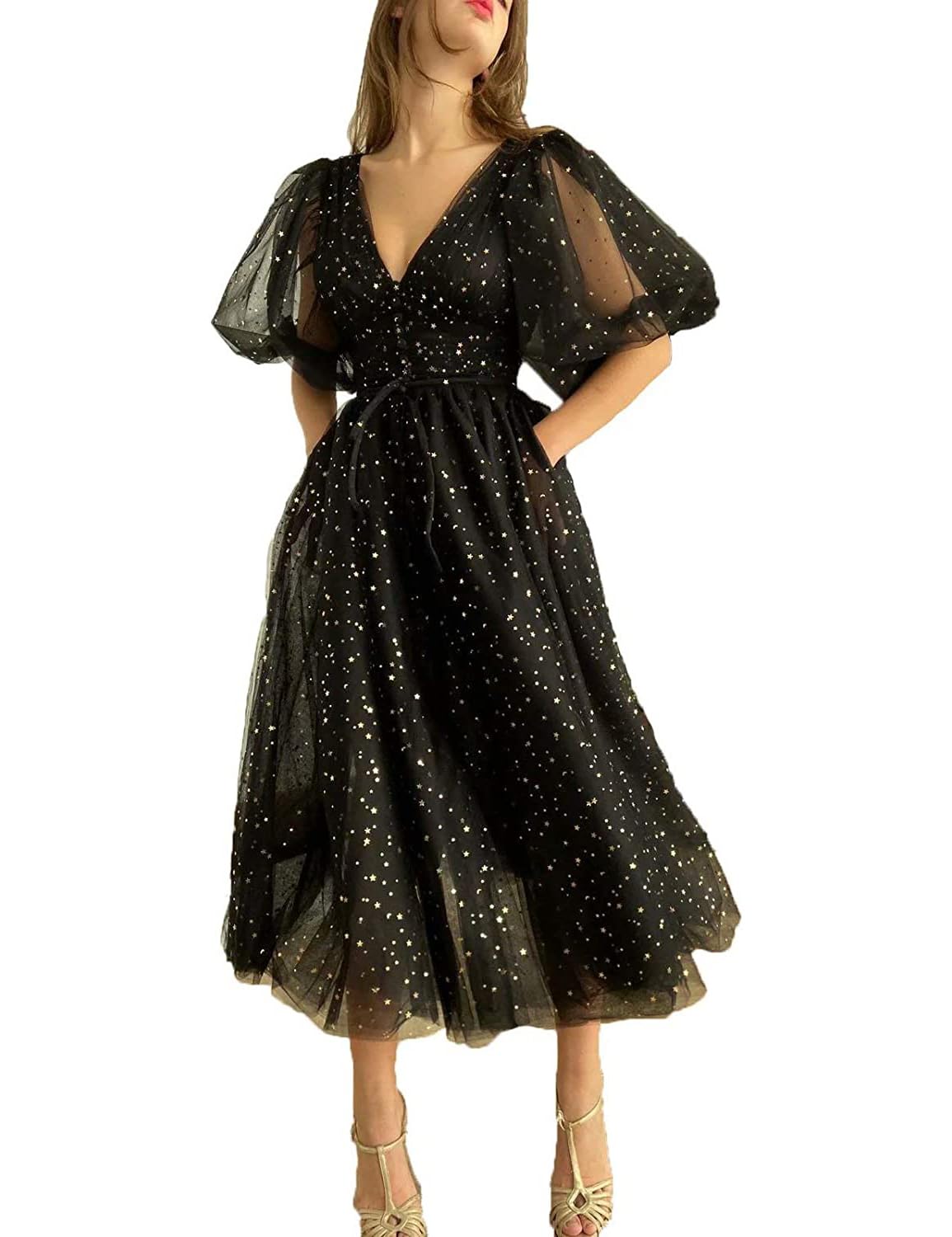 Sparkly Prom Dress With Puffy Sleeves Shiny Evening Dress Split C2448 main image 1