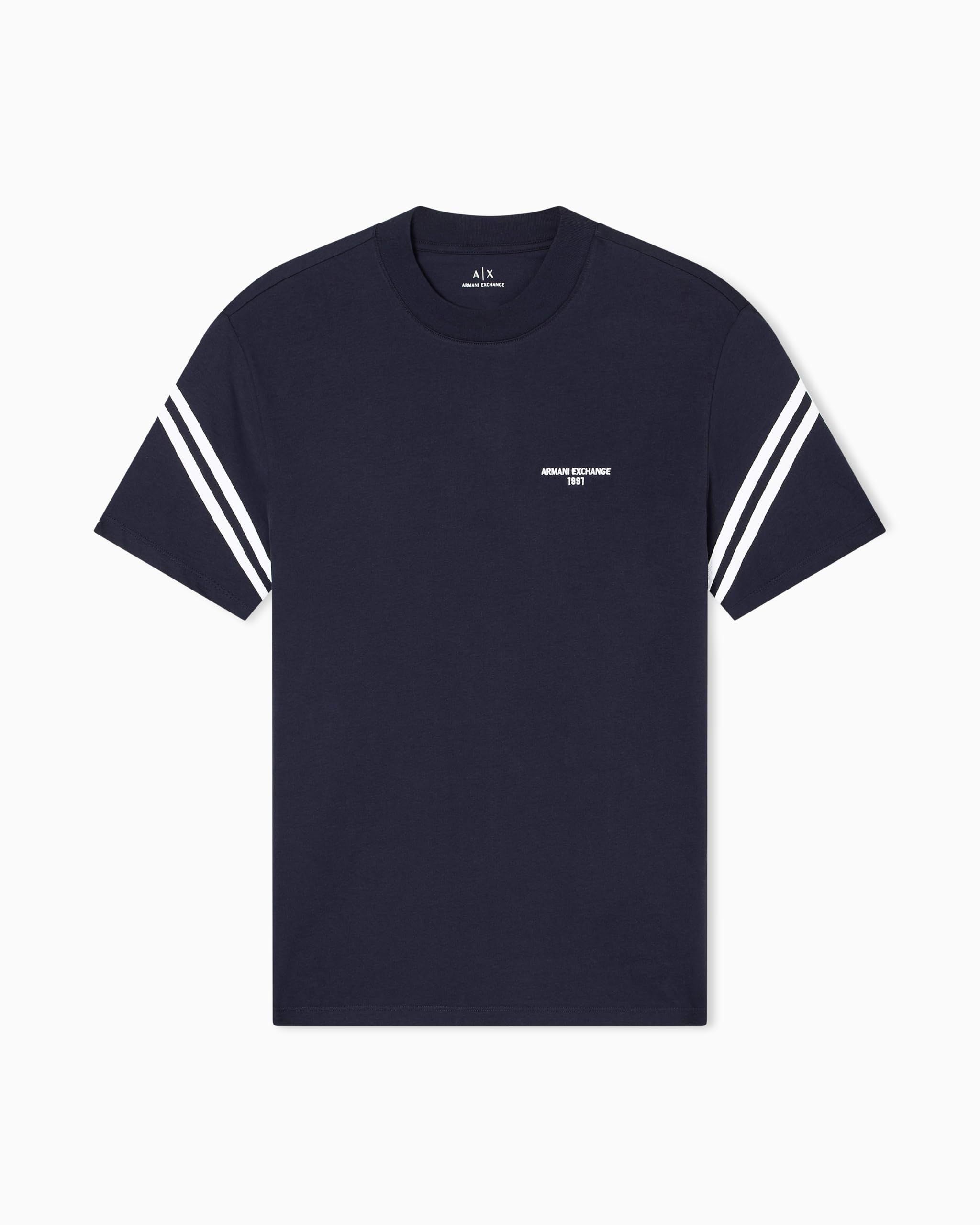 Armani Exchange Men's Striped Sleeve Side Logo Round Collar T-Shirt Blue S