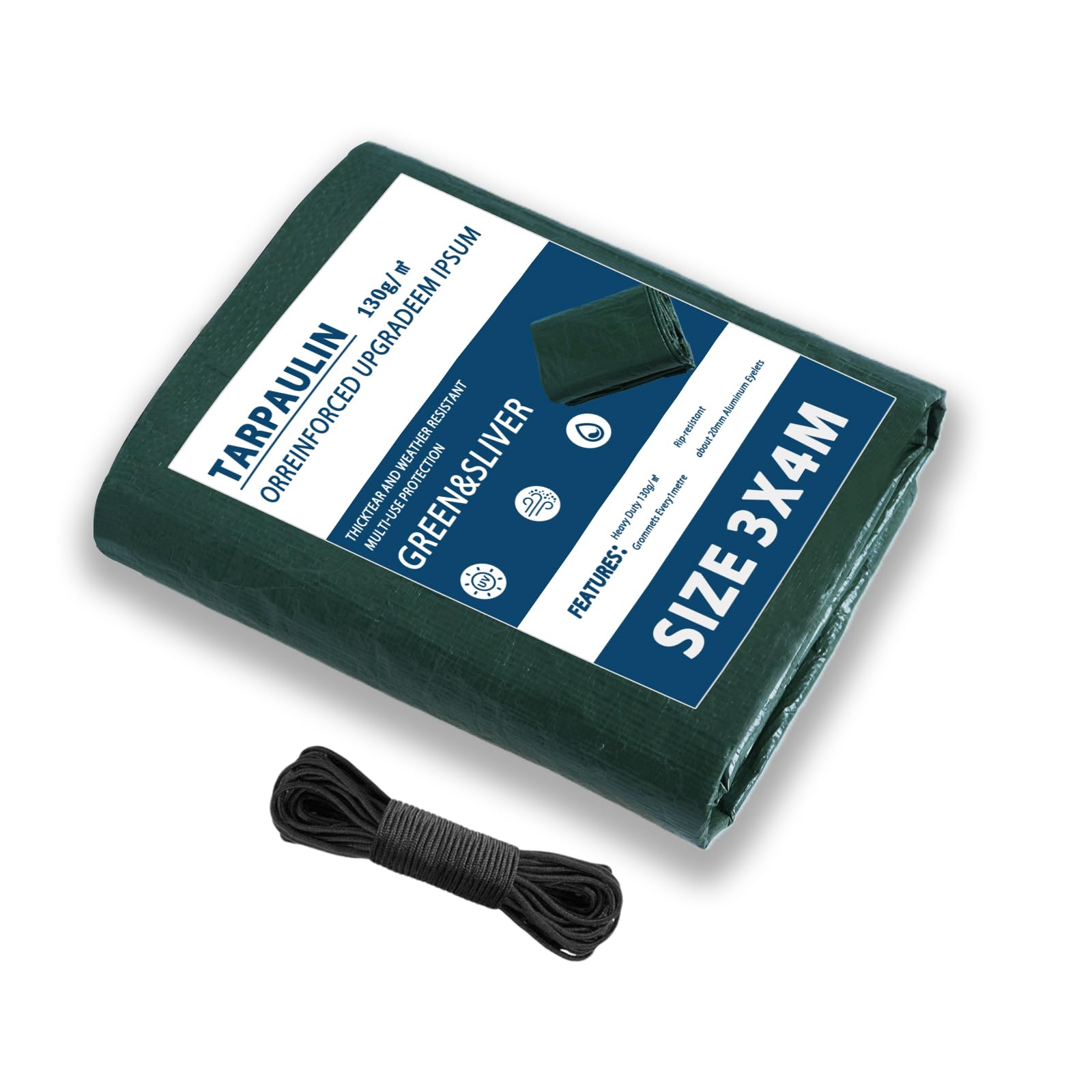 Dellna Waterproof Tarpaulin 3m x 4m-130 GSM, Ground Sheets with Aluminum Eyelets & Rope