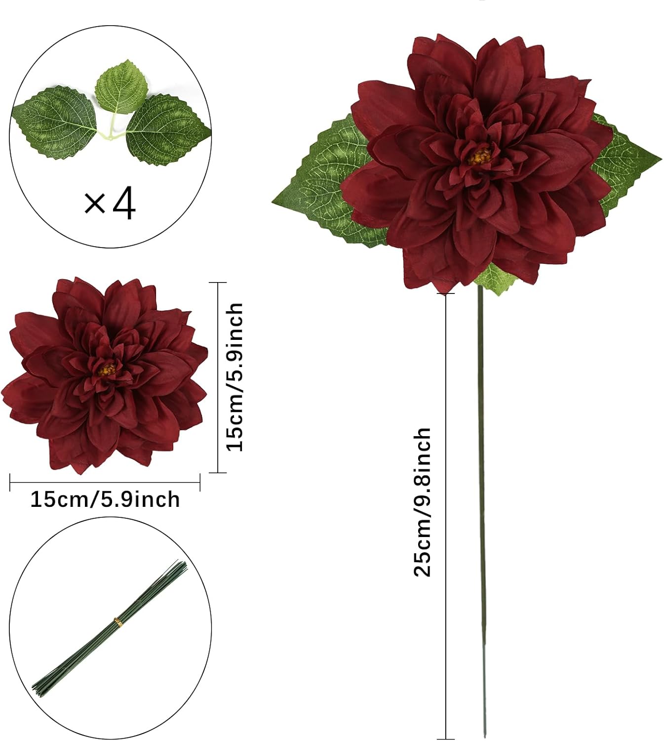 IPOPU 16PCS Burgundy Dahlia Artificial Flowers 5.9'' Large Dahlia Faux Silk Flowers Bulk Fake Flowers for DIY Wedding Bouquets Baby Shower Table Centerpieces Floral Arrangements Party Decor, Burgundy - Image 4