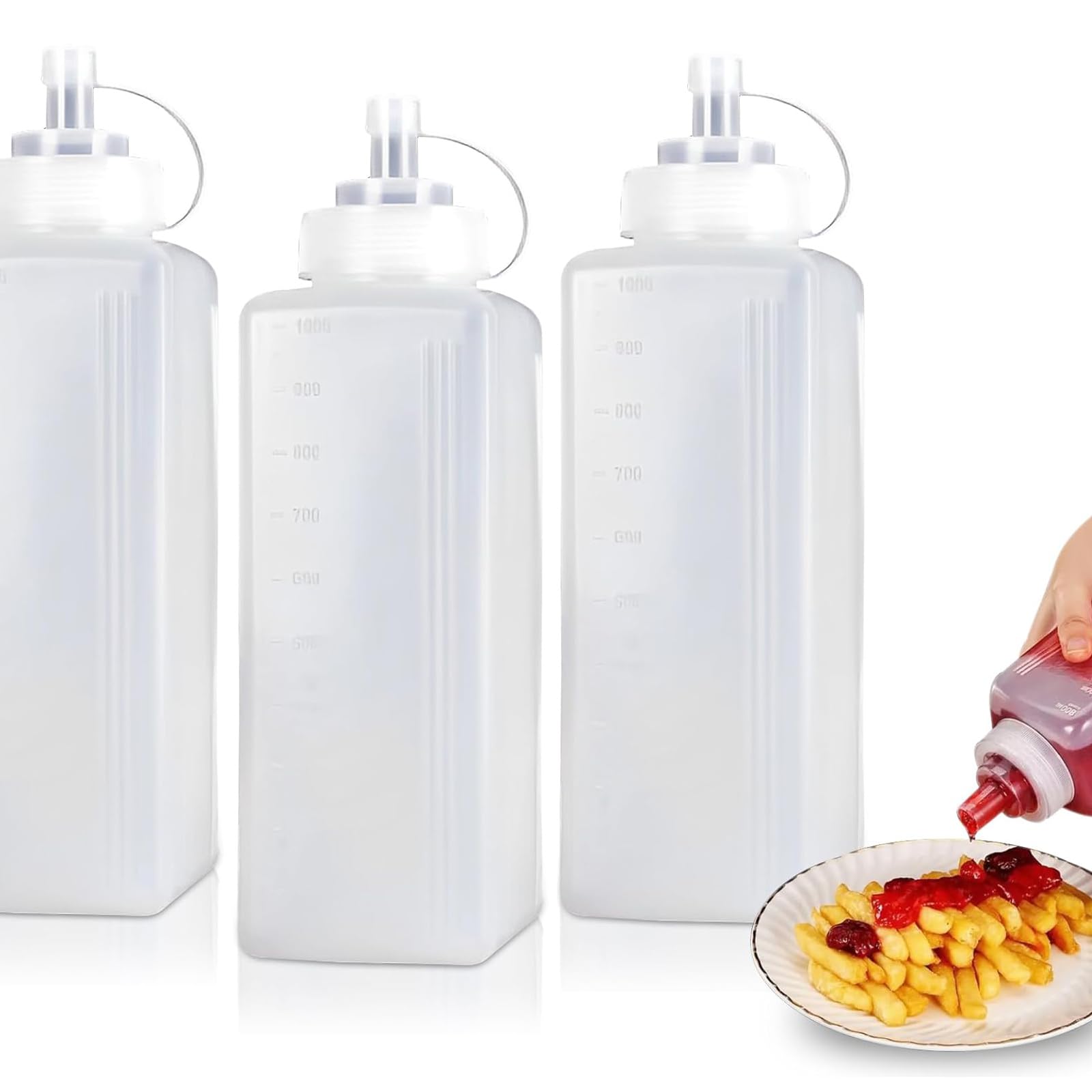 Set di 3 bottiglie Squeeze, bottiglie in PE con scala graduata, a tenuta stagna, ideali per ketchup, olio barbecue, cottura al forno e campeggio (1000ML)