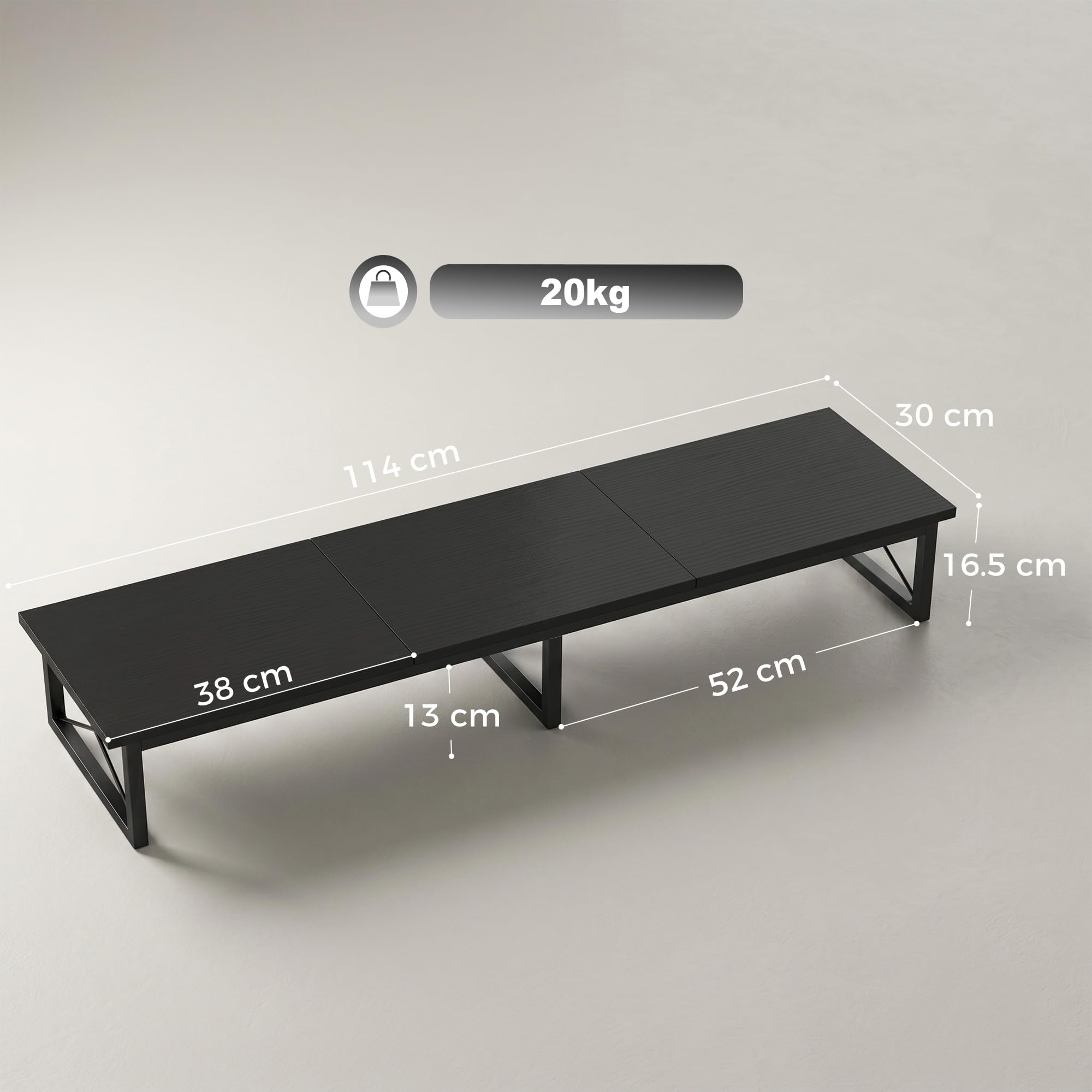 HOMCOM Supporto per Monitor da Scrivania, Rialzo per Monitor in Legno con 2 Scomparti Portaoggetti, per Laptop e PC, Fino a 20kg, 114x30x16.5 cm, Nero