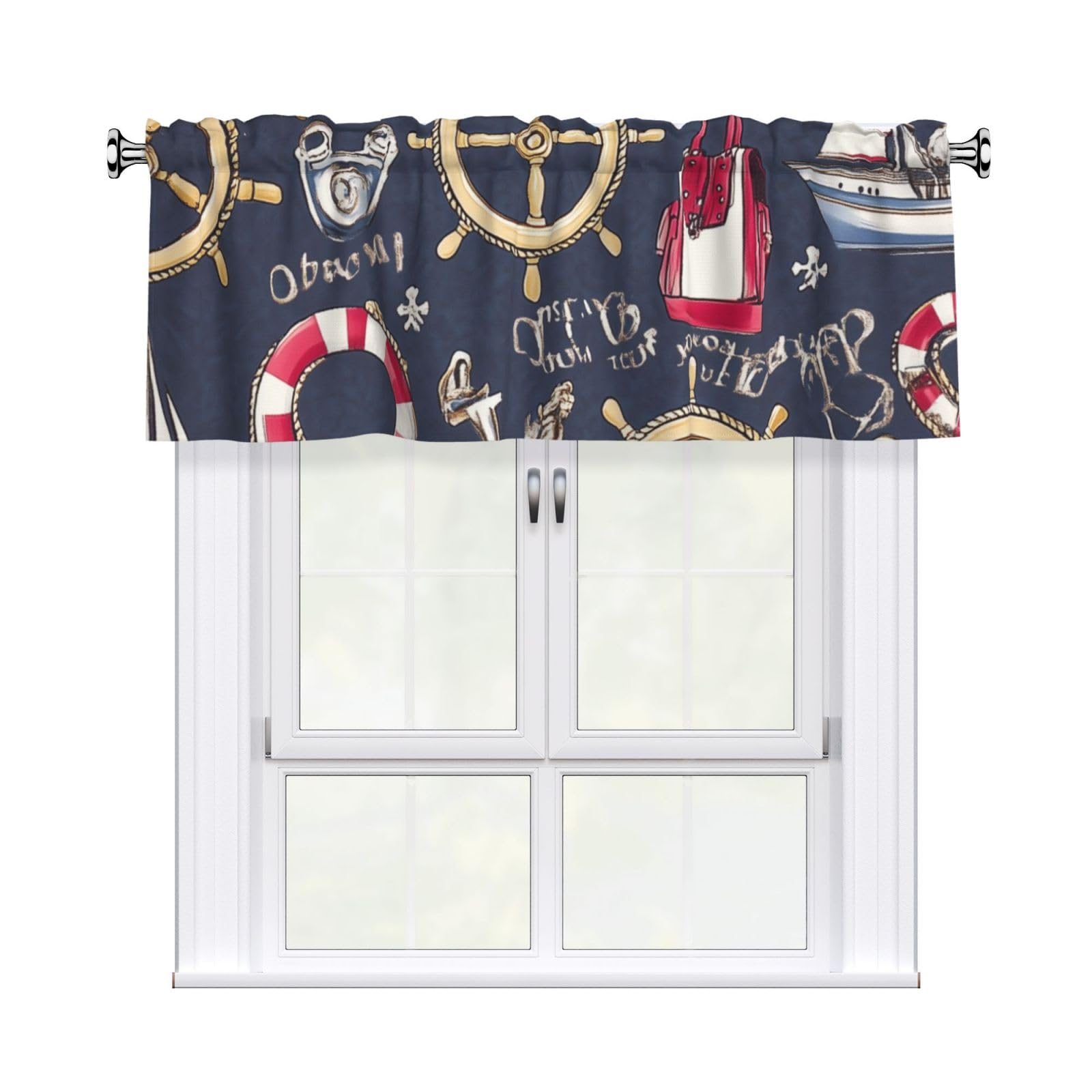 Helhappy Short Window Curtain Valance Boat Wheels Life Jackets Nautical 3" Rod Pocket Window Treatment for Home Decorations, 54 x 18 Inch, 1 Panel