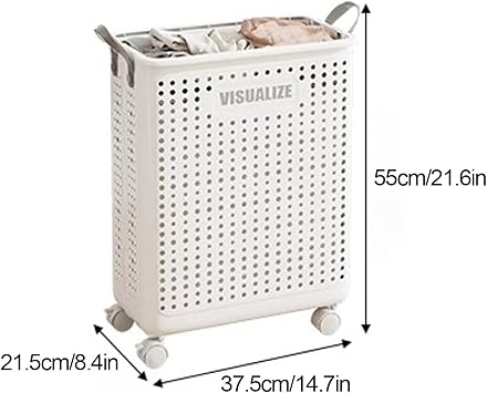 Collapsible Laundry Basket with Wheels Plastic Breathable Mesh Holes Laundry Hamper Versatile Portable Storage Laundry Cart(Beige,36cm/14in)