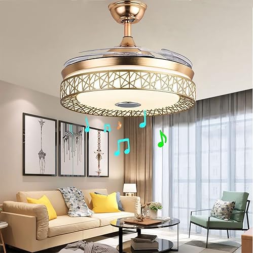 Candelabro Bluetooth de 42 pulgadas con luces y control remoto, ventilador de techo moderno con cuchillas retráctiles, color dorado